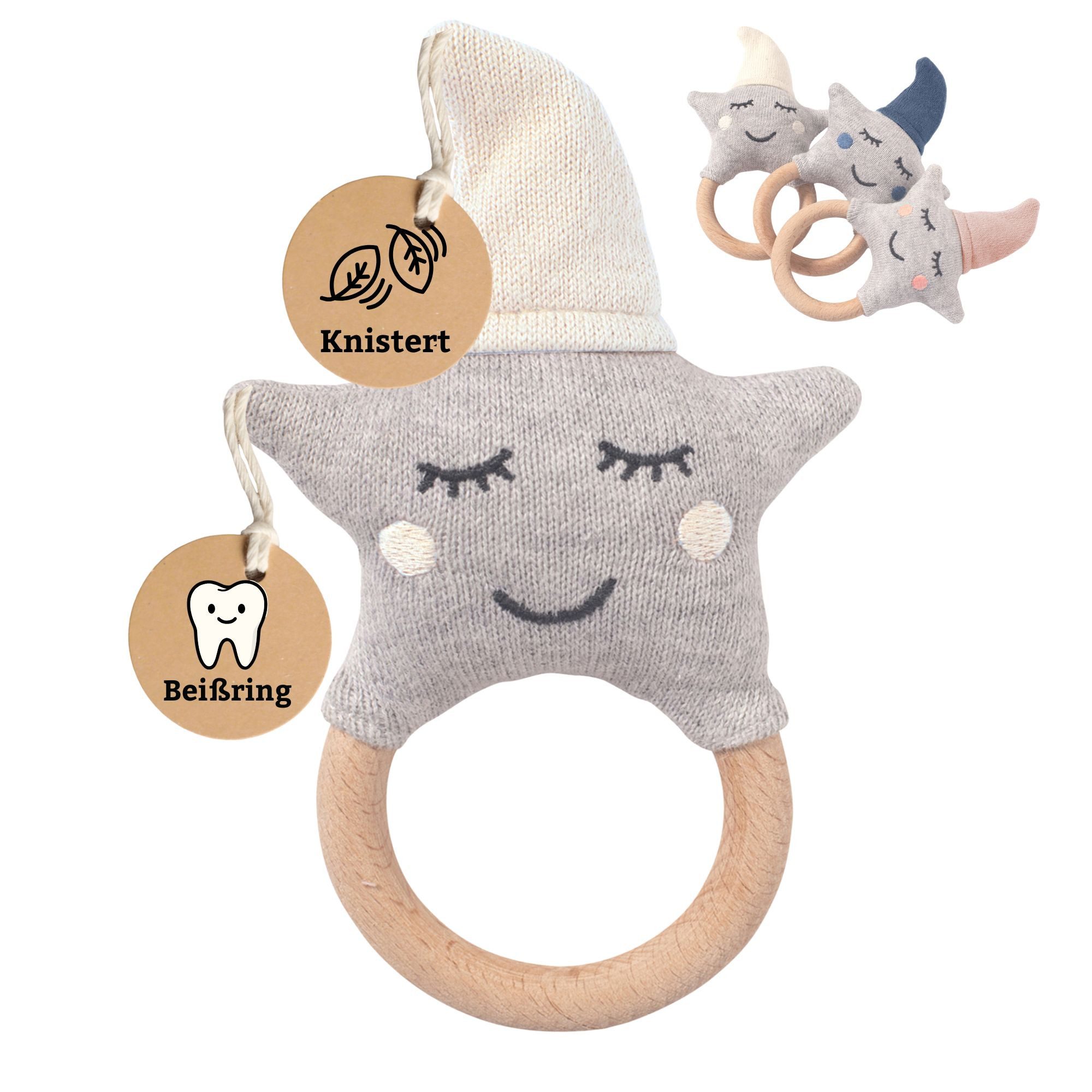 Nordic Coast Company Kuscheltier-Rassel, Greifling mit Beißring Geschenk ab Geburt mit Knistermütze