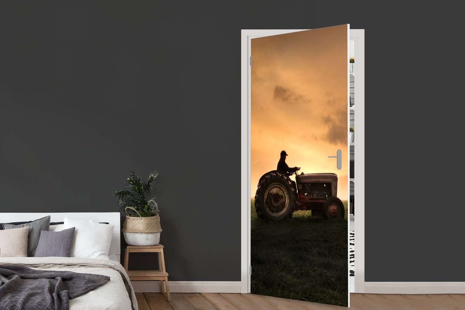 Nebel, Fototapete Tür, Traktor Matt, - Türtapete bedruckt, für MuchoWow 75x205 - Landwirt St), cm (1 Türaufkleber,