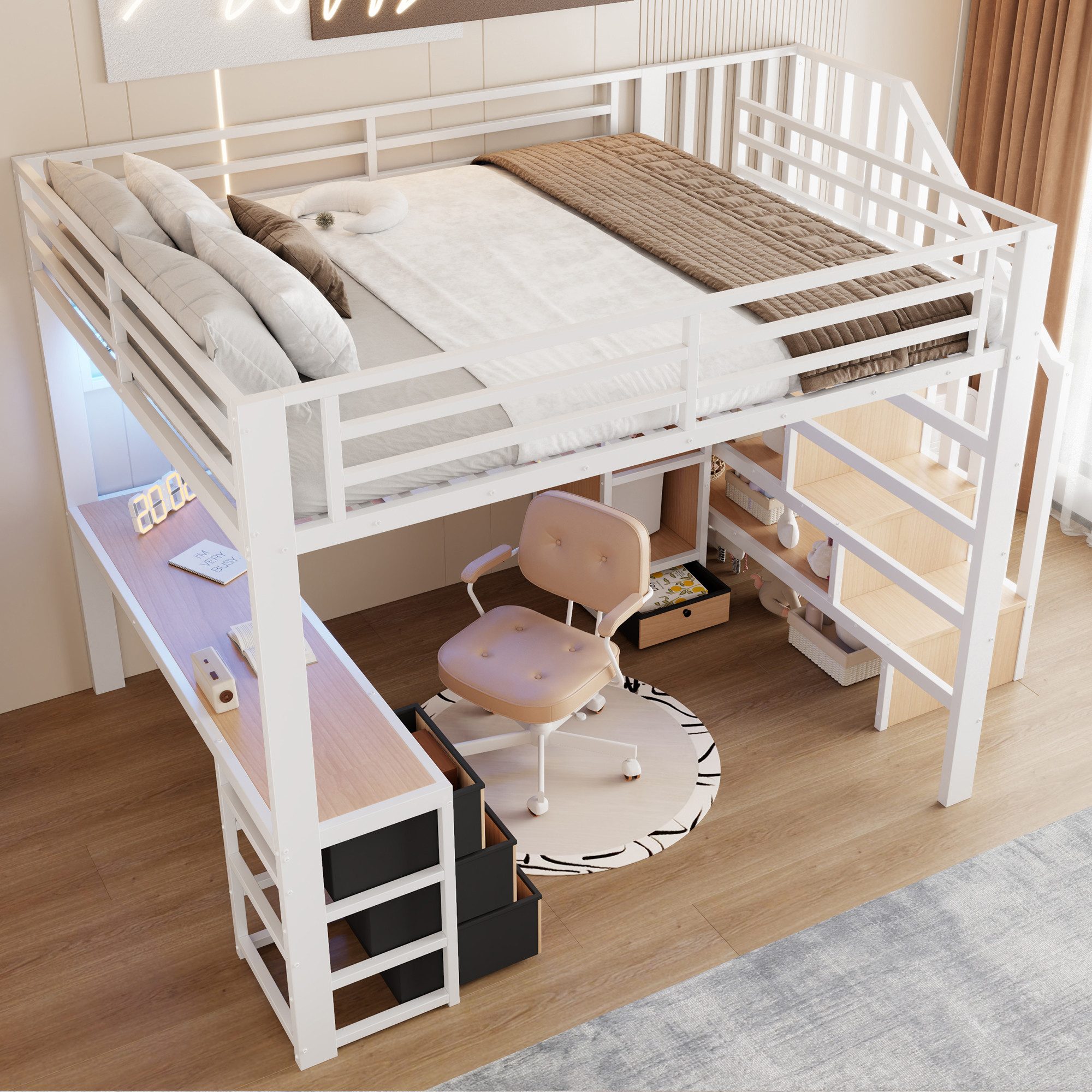 REDOM Hochbett Jugendbett mit Eisenrahmen, Ablagefach, 4 Schubladen (LED-Lichtleiste, Schreibtisch und Stauraumtreppe, Funktionsbett Metallbett, 140 x 200 cm) ohne Matratze