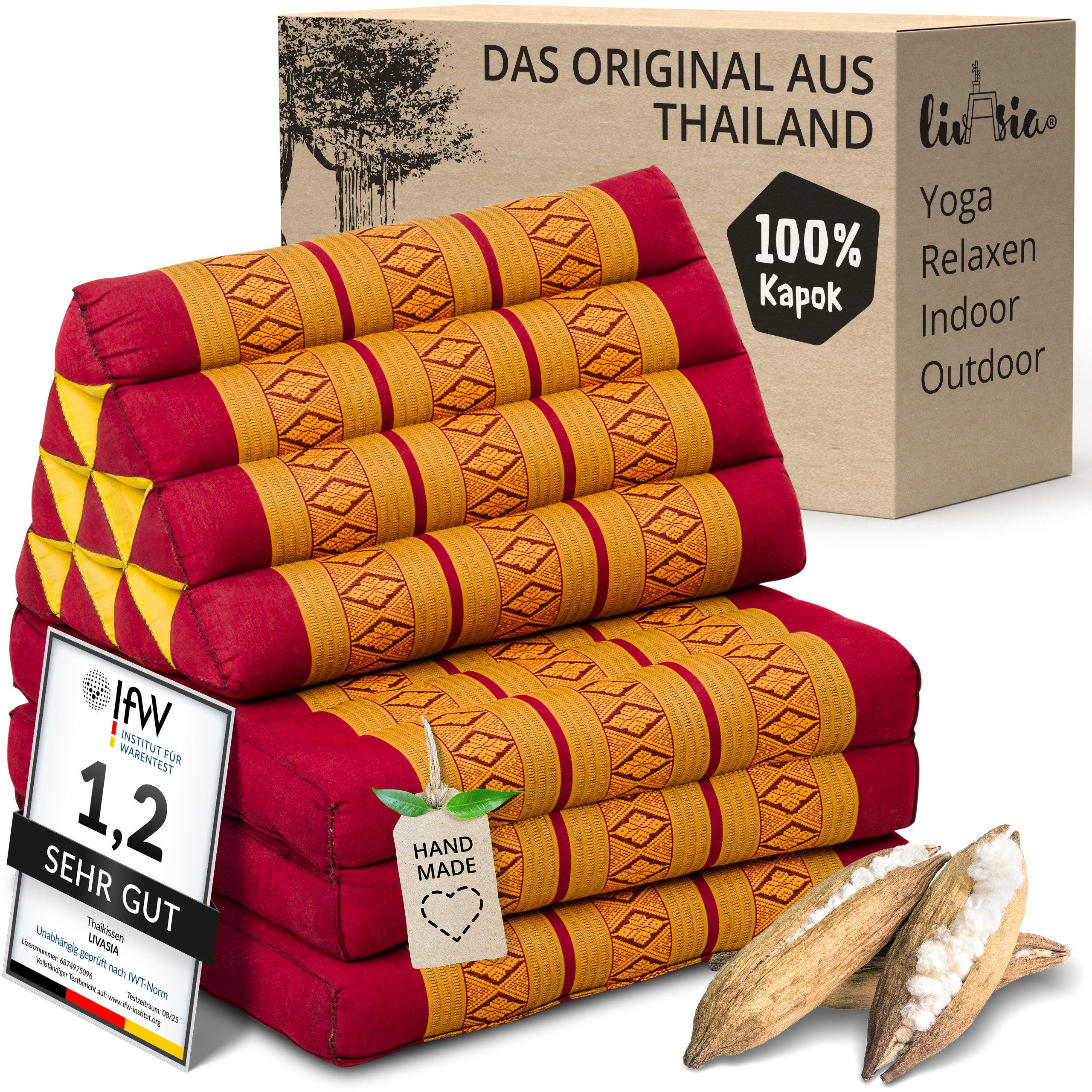livasia Sitzsack Thaikissen 3 Auflagen (Classic) vegan und handgefertigt, 175x50x8cm, Kapok