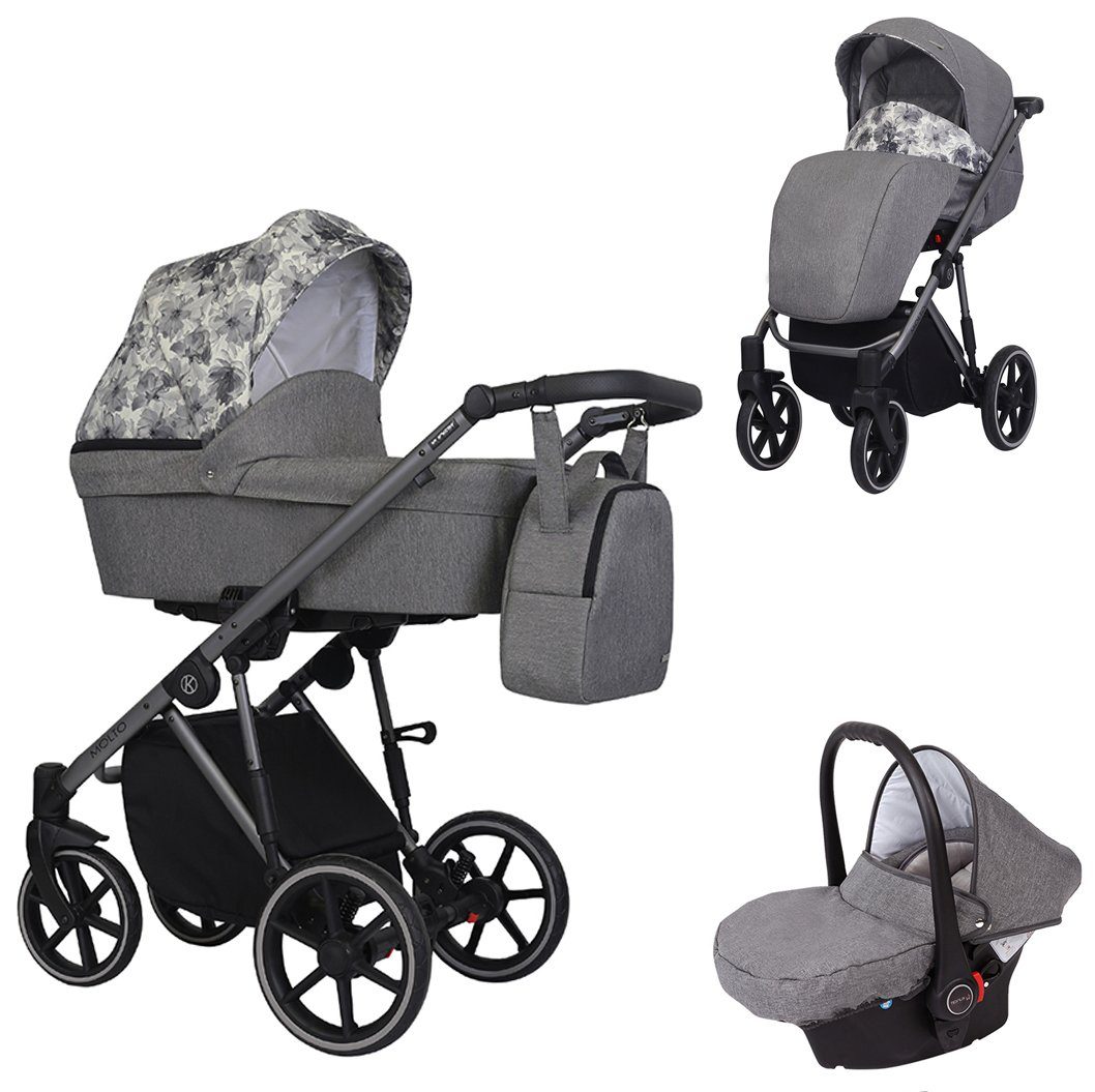 babies-on-wheels Kombi-Kinderwagen Molto 3 in 1 inkl. Autositz - 13 Teile - von Geburt bis 4 Jahre Grau-Dekor = graues Gestell