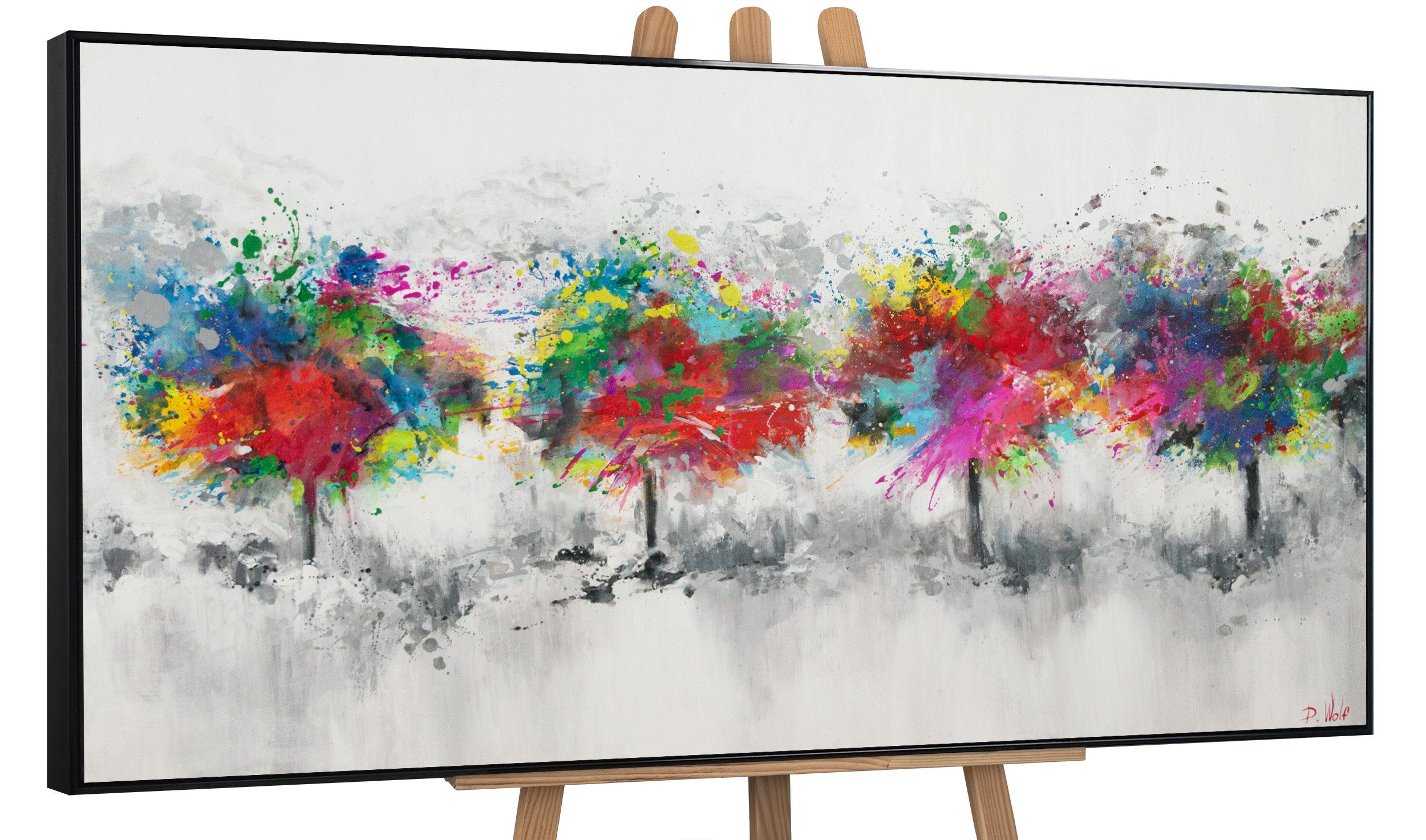 YS-Art Gemälde Bunter Wald, Abstrakte Изображения, Leinwandbild Bunte Baumlandschaft auf Grauem Hintergrund