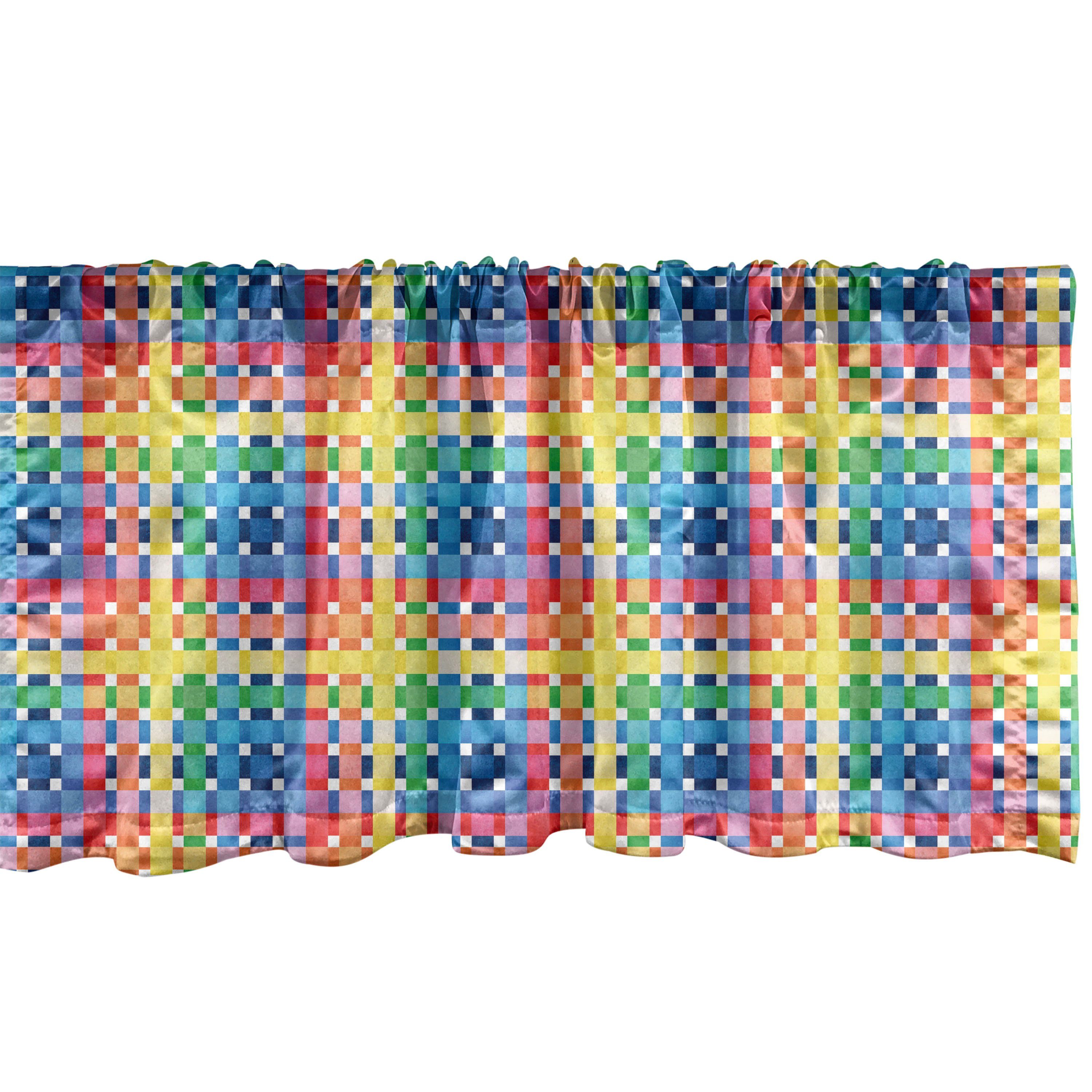 Scheibengardine Vorhang Volant für Küche Schlafzimmer Dekor mit Stangentasche, Abakuhaus, Microfaser, Kariert Regenbogen-Quadrate Kunst