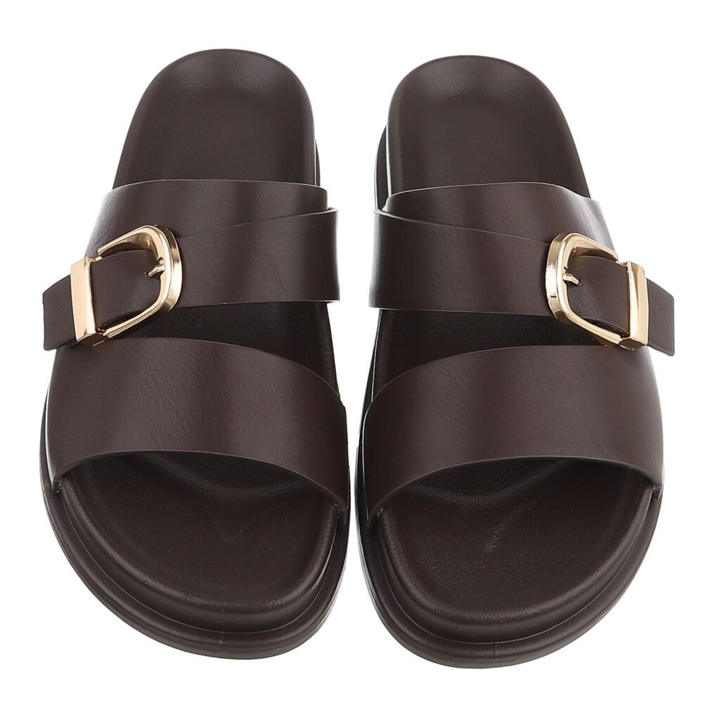 Ital-Design Damen Pantolette mit Schnalle, bequem und modern Pantolette (91971088) Flach Pantoletten in Braun – Bild 4 von 5