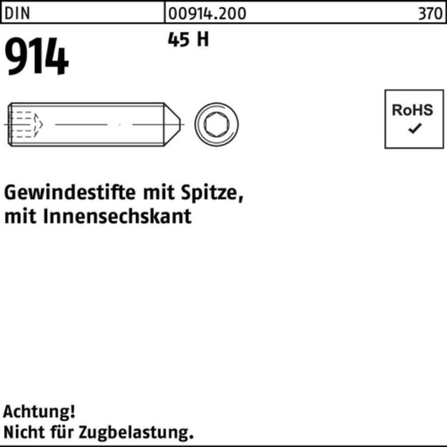 Reyher Gewindebolzen Spitze/Innen-6kt Gewindestift 100er 70 45 100 H DIN Stü 914 M10x Pack