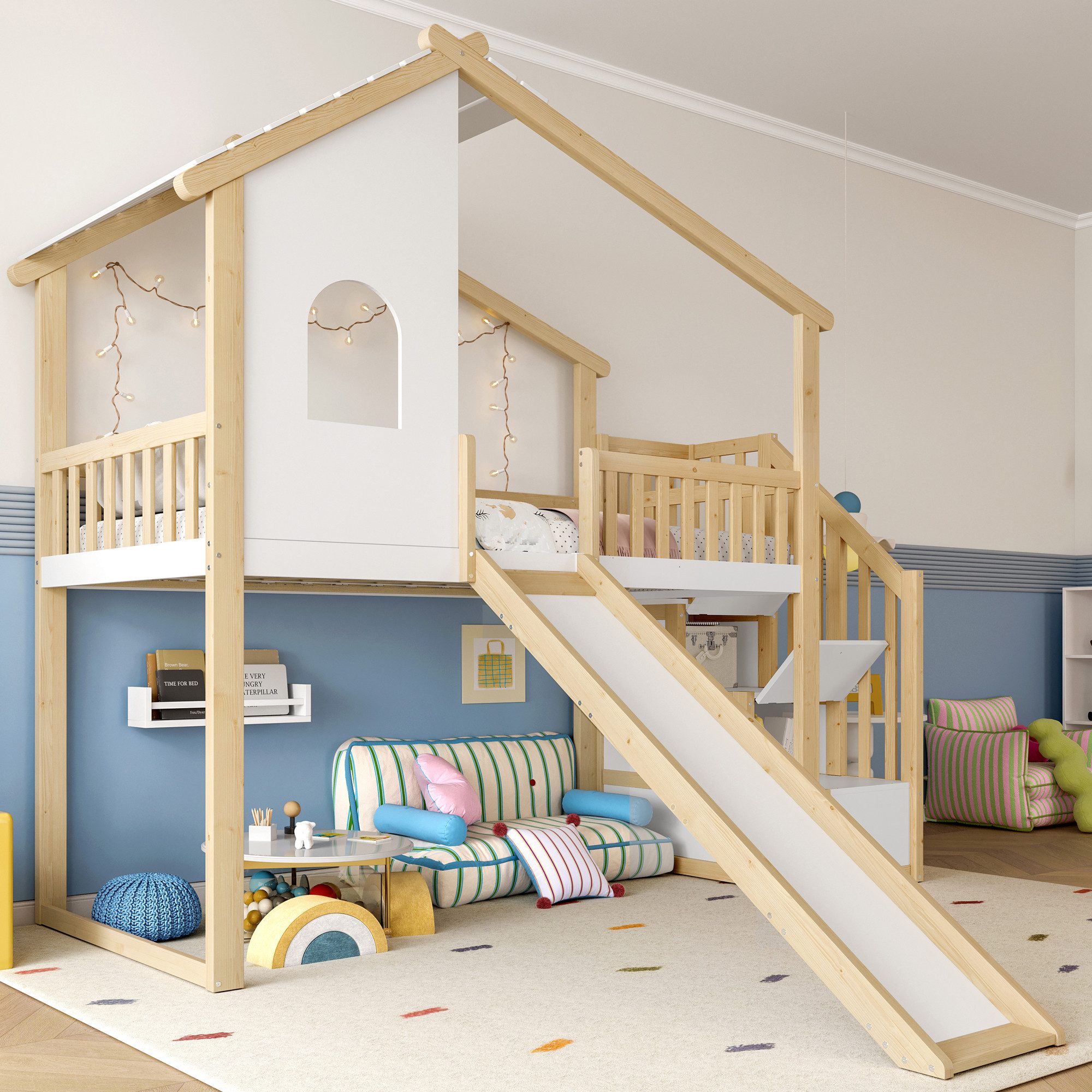 Merax Hochbett (1-St., Hausdesign Etagenbett Stockbett Jugendbett) Massivholz Kinderbett 90x200cm mit Rutsche, Stauraumtreppe und Fenster