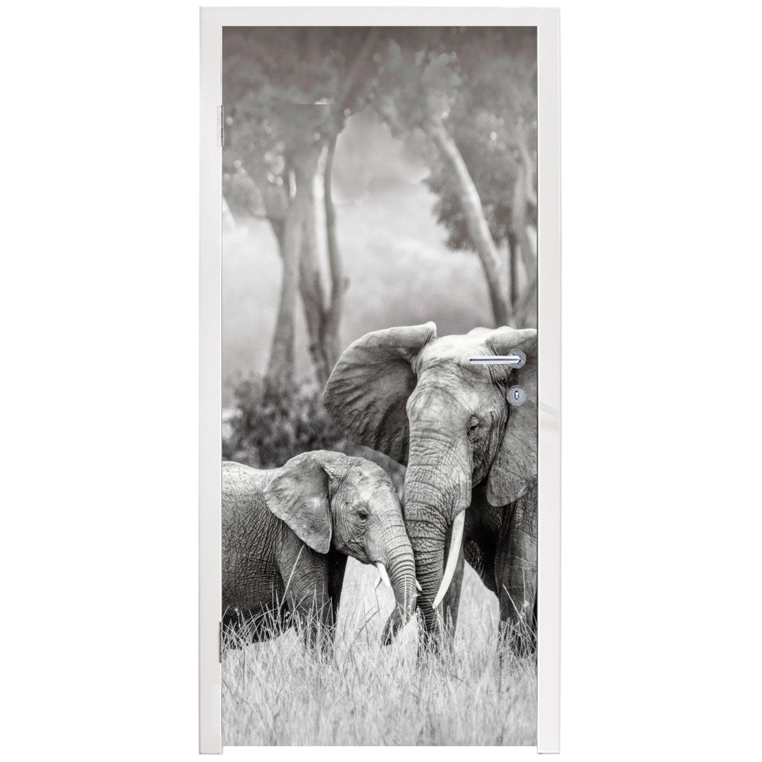 MuchoWow Türtapete Elefant - Tiere bedruckt, - (1 Schwarz weiß, und Matt, 75x205 für Natur Fototapete St), Tür, cm - Türaufkleber