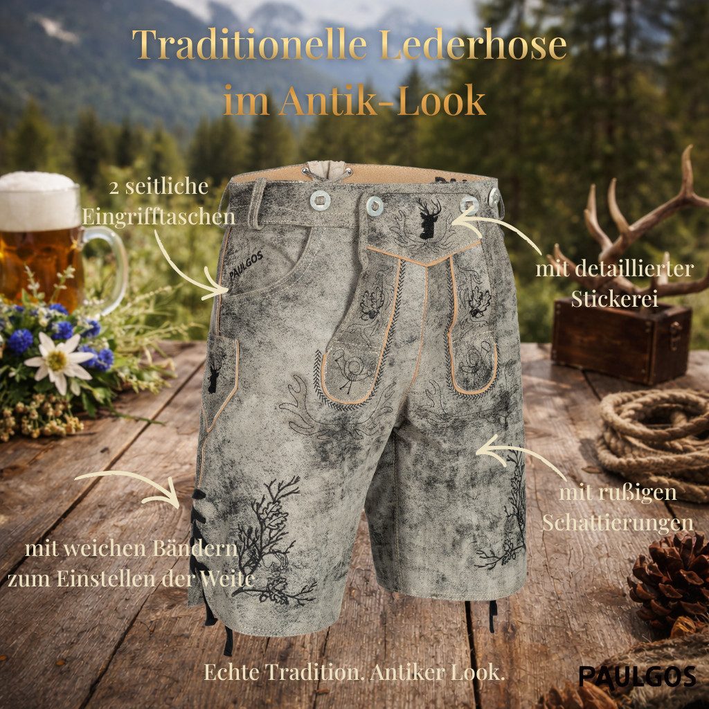 PAULGOS Trachtenhose Herren Lederhose Kurz mit Trägern 100% Echtleder - HK3 ANTIK