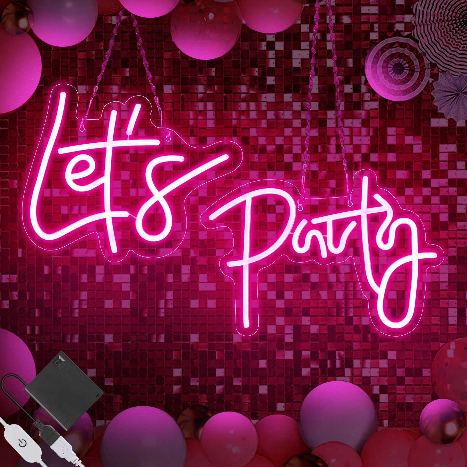 MUPOO Dekolicht LED Dekolicht,Let's Party Neon Schilder Dimmbar,Zwei-Pack, LED Rosa Neonlicht,für Verlobungsfeier,Hochzeit,Party,Hausbar