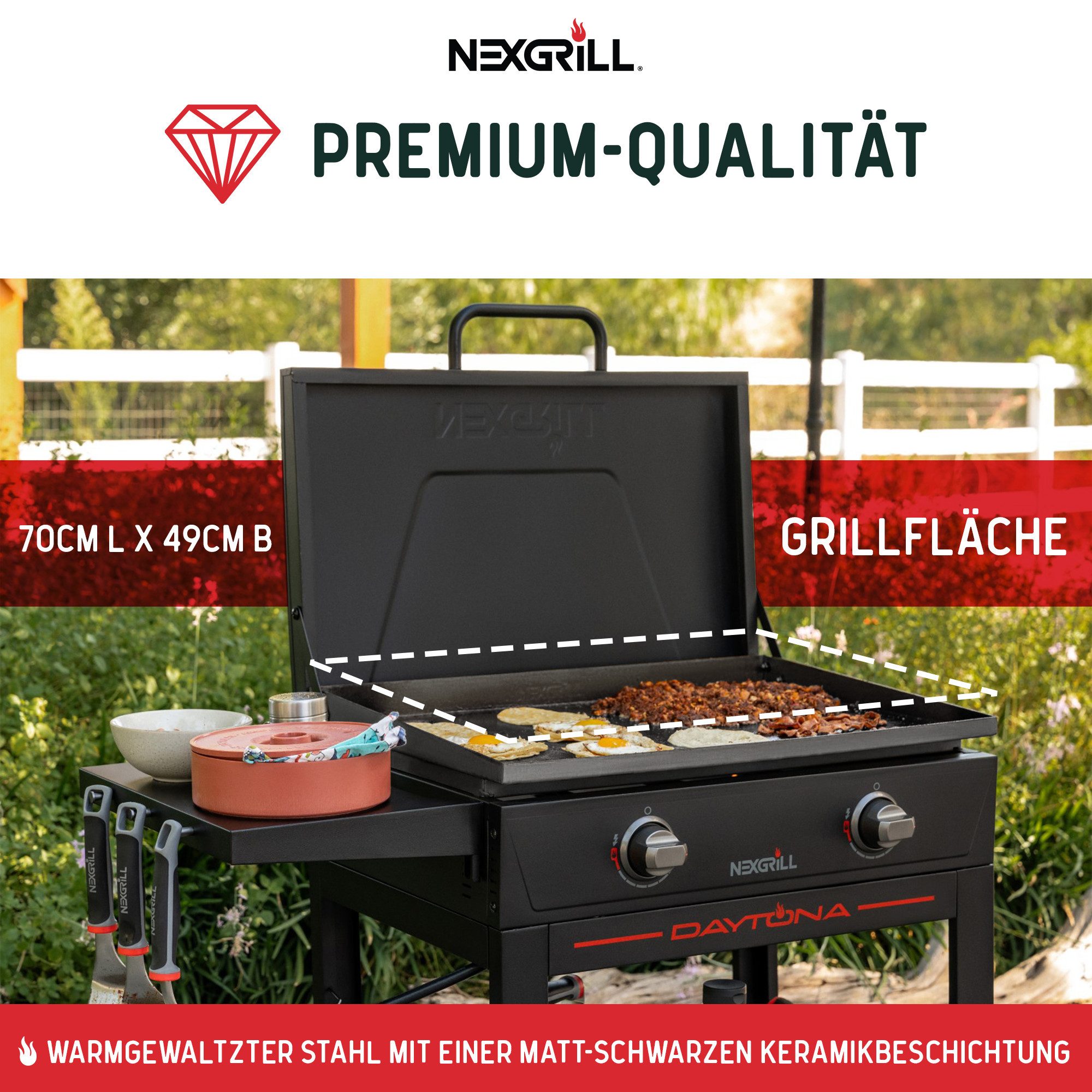 nexgrill Gasgrill Daytona 2B 2-Brenner Plancha Gasgrill, Grillplatte mit Keramikbeschichtung 70x49cm, 10 kW Gesamtleistung