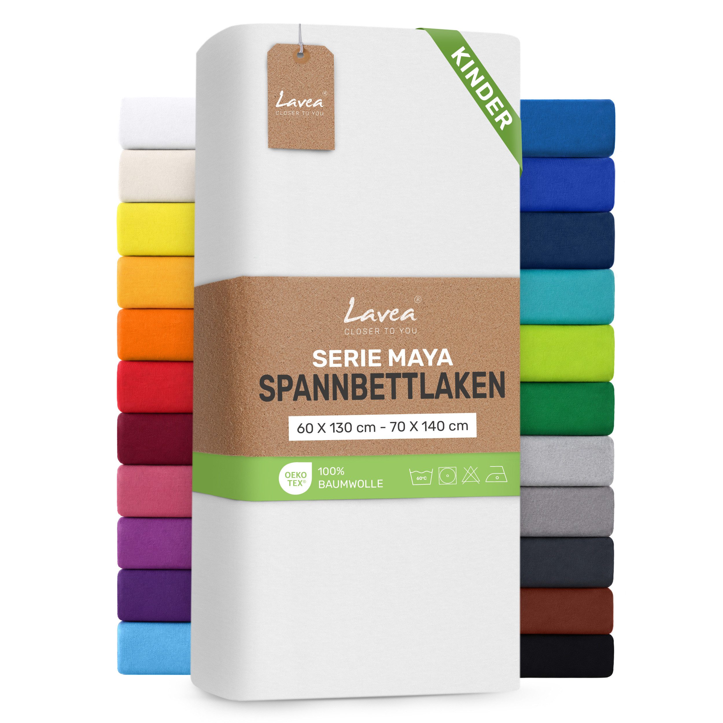 Lavea Spannbettlaken Bettlaken Maya, 180x200cm, 200x200cm, 140x200cm, 160x200cm, 100% Baumwolle Jersey, Gummizug: rundum, (1 Stück), für Matratzen, Topper, Boxspring- und Wasserbetten, weich, langlebig