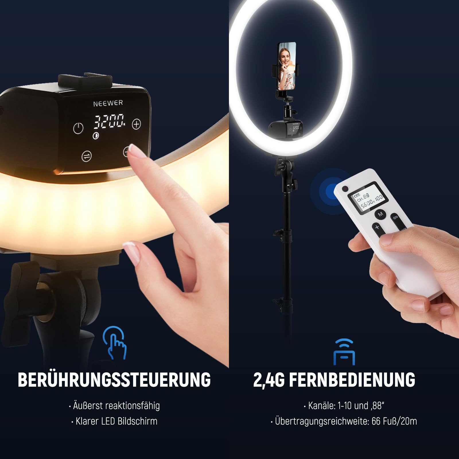 Neewer Ringlicht 18" Ringlicht mit Ständer und Telefonhalter, 2,4G & Touch Control, SRP18-2,4G 42W 3200-5600K für Tattoo Wimpern Friseur Fotografie – Bild 4 von 5