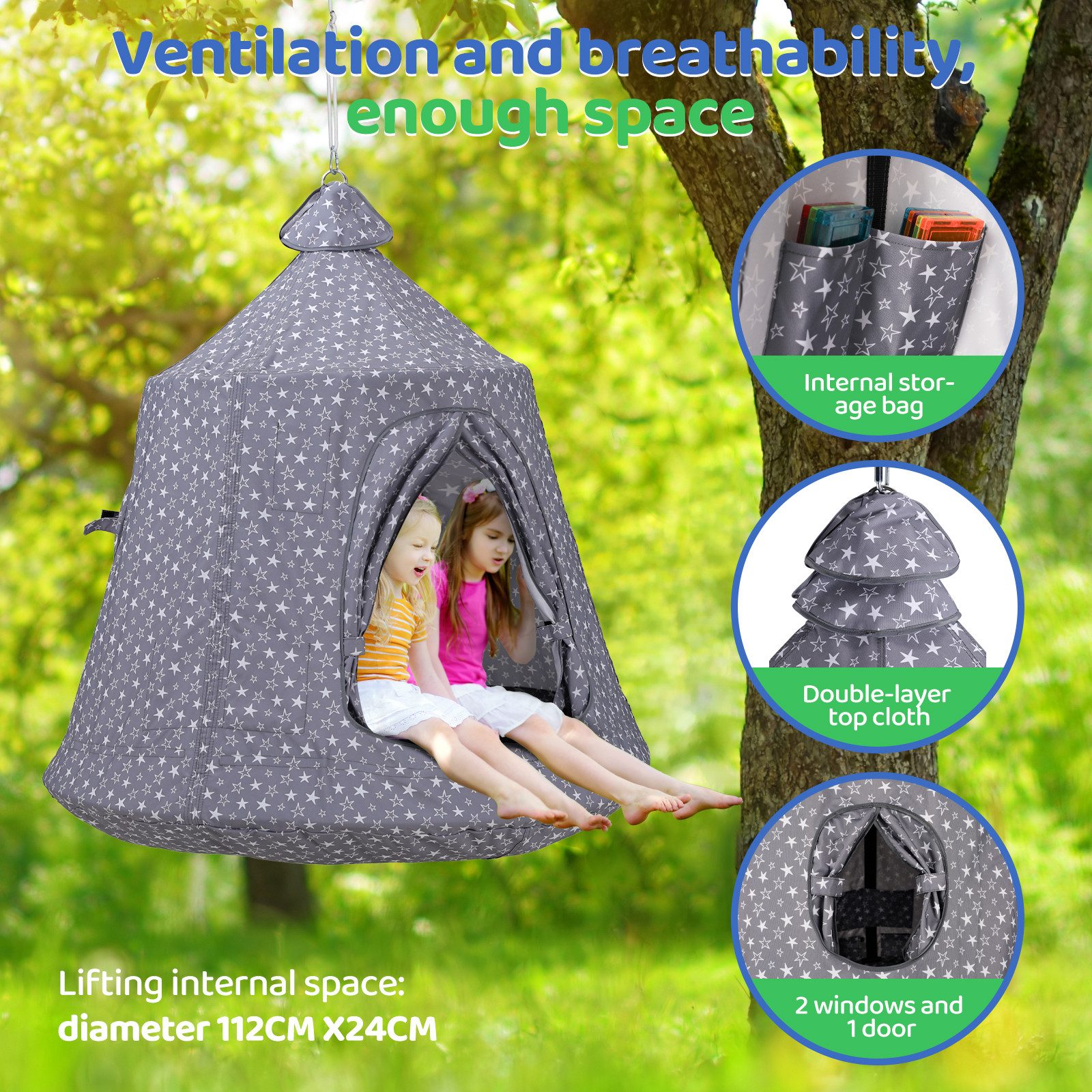 TLGREEN Hängehöhle Hängesessel kinder mit Gestell Outdoor&Indoor (Hängematte int LED-Leuchten, hängezelt kinder), höhenverstellbar,Camping Hängezelt,Hänge Spiel – Bild 5 von 5