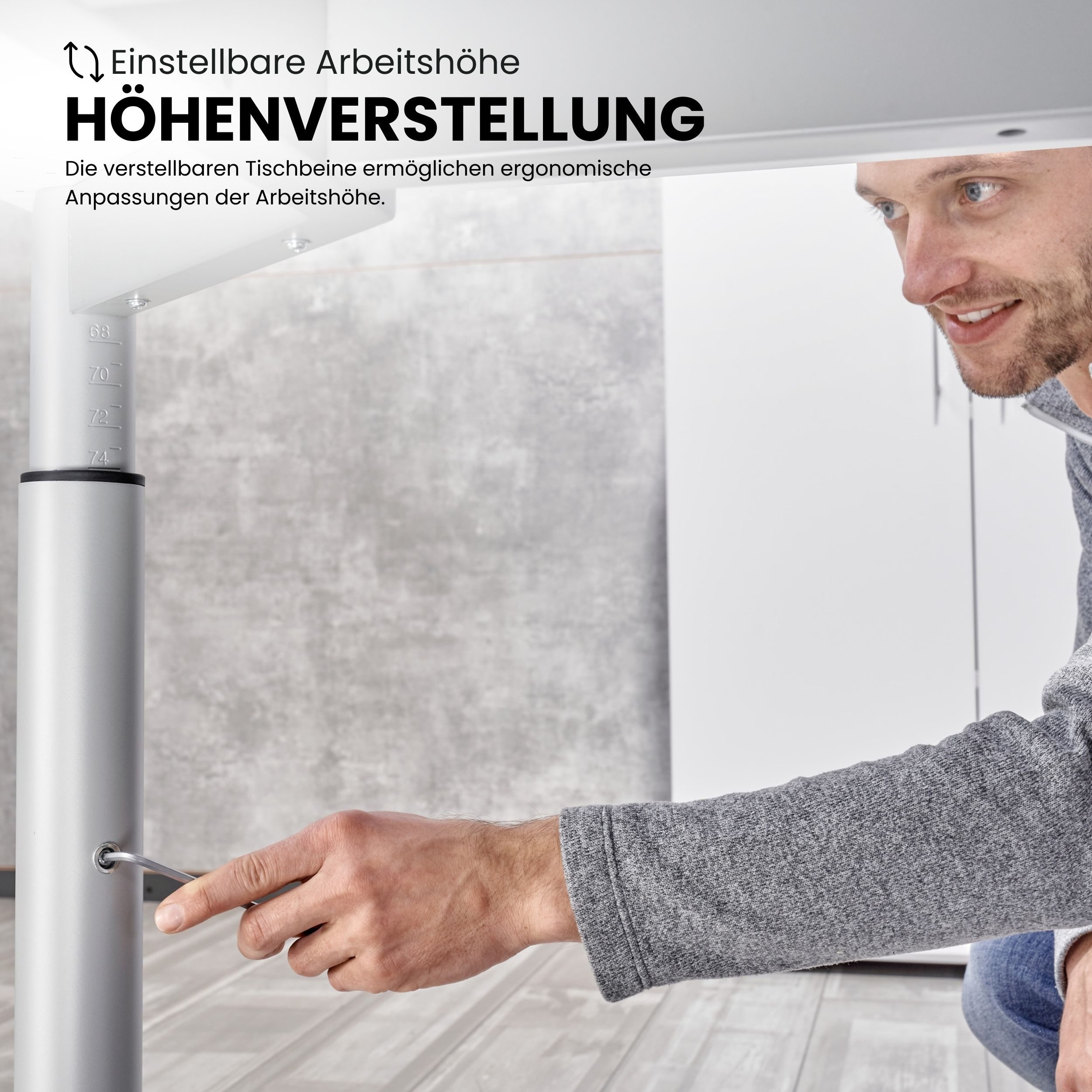 bümö Schreibtisch Serie-Y höhenverstellbar, Quadrat: 80 x 80 cm - Dekor: Ahorn - Gestell: Silber