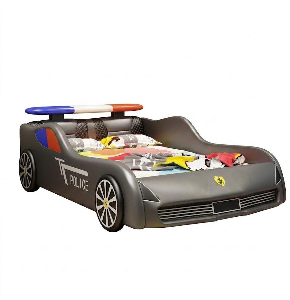 JVmoebel Autobett Graues Kinderbett in Autodesign Polizeiauto LED-Beleuchtung, Made in Europa