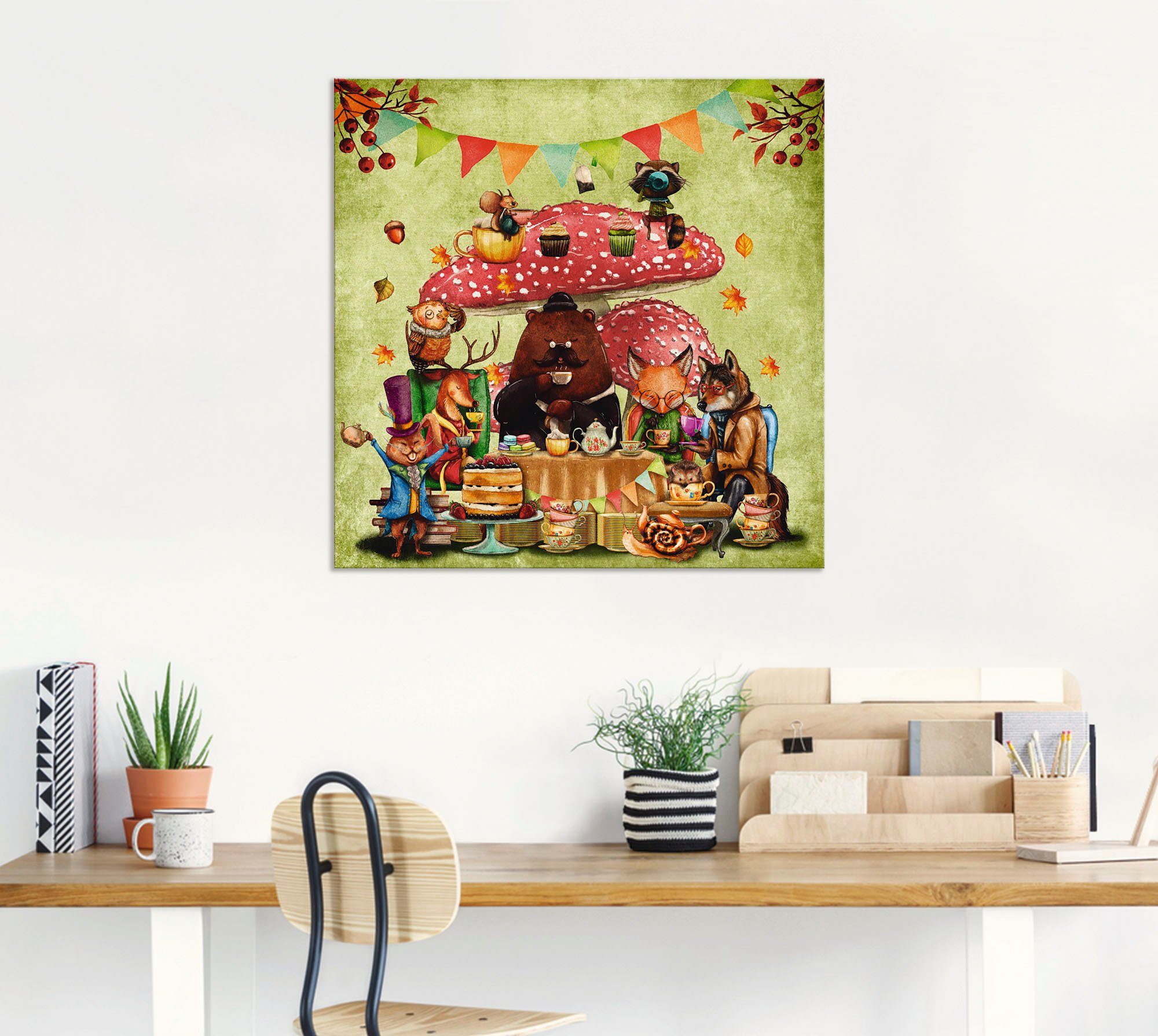 Wandaufkleber als Freunde Fliegenpilz Größen (1 Leinwandbild, in Animal Fantasy Wald Artland Wandbild versch. St), Teetrinken, Alubild, oder Poster