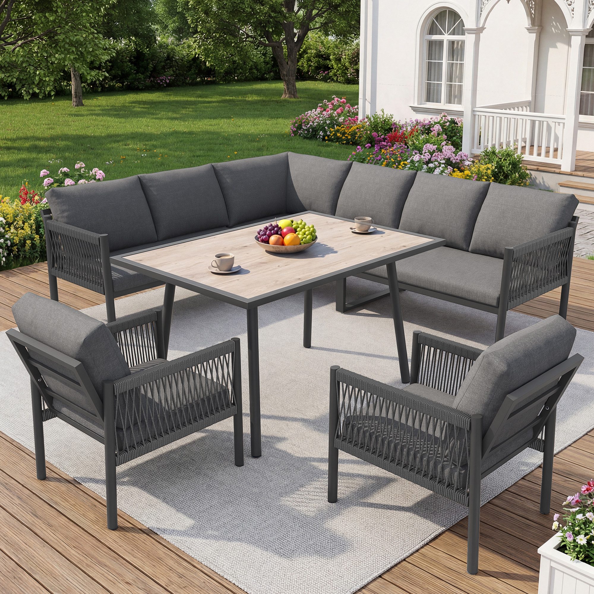 Merax Gartenlounge-Set mit Holzoptik-Glasplatte & handgeflochtenen Gartensofa, (5-tlg), 8-Sitzer Sitzgruppe Gartenmöbel-Set mit 2 Sesseln, 2 Sofa &Tisch
