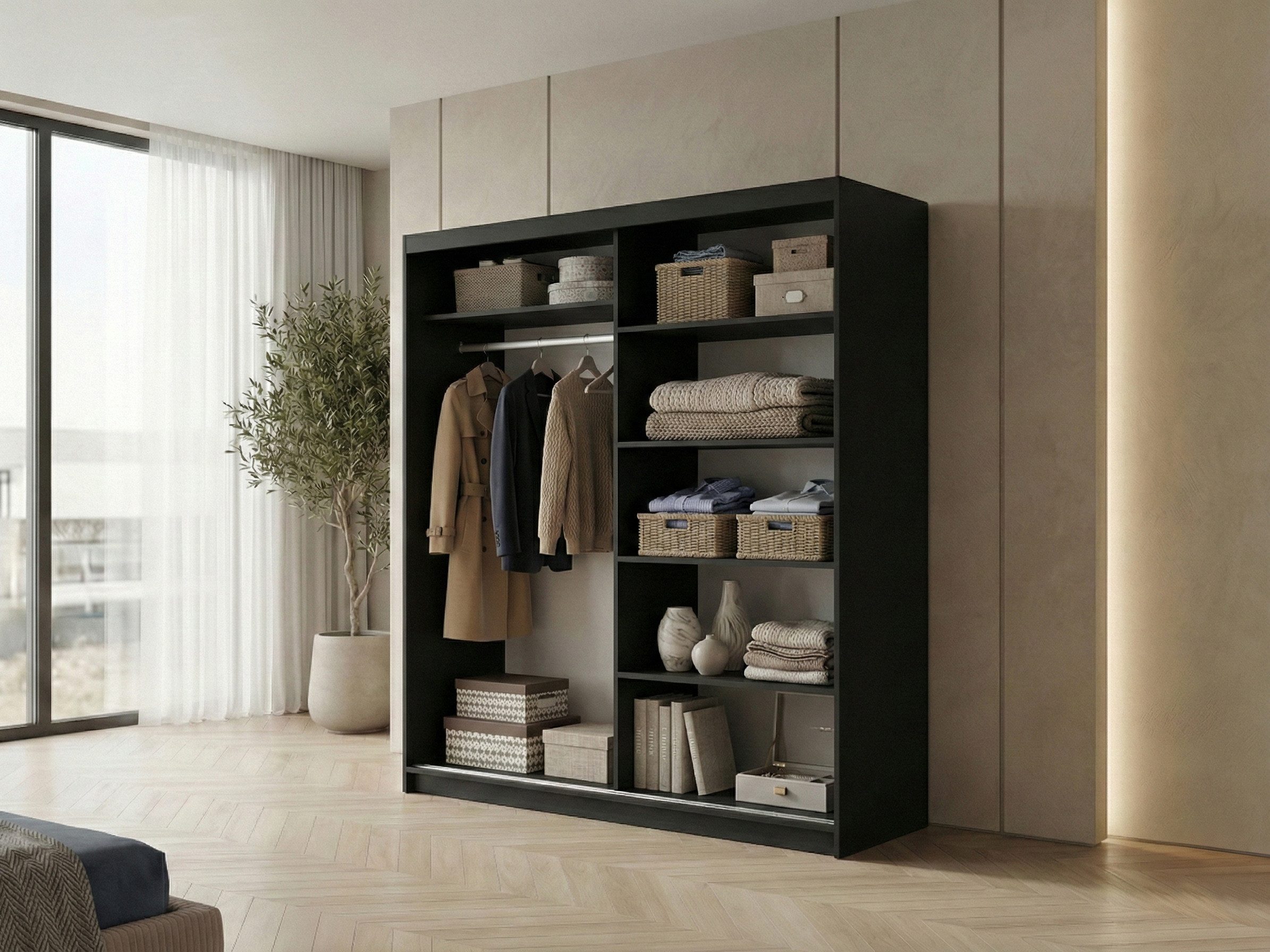 Beautysofa Kleiderschrank HELA moderner Kleiderschrank mit Spiegel (Schiebetürenschrank mit Kleiderstange und Regalböden, Schrank für Schlafzimmer, Flur & Ankleidezimmer) wahlweise ohne oder mit Schubkasteneinsätzen