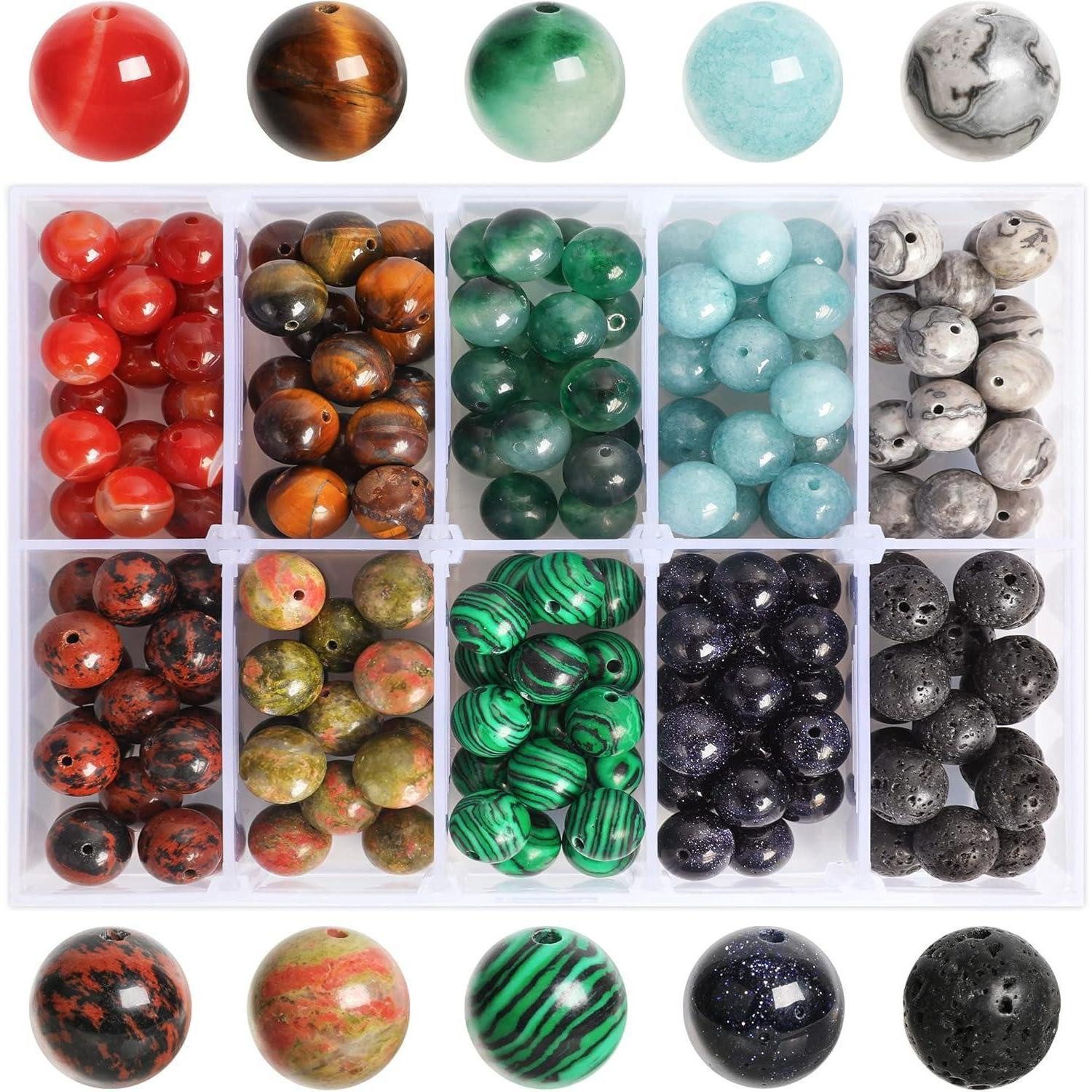 LuxusKollektion Bastelperlen 170 Natürliche Edelsteine 10mm rund Sortierte Steinperlen für Schmuck