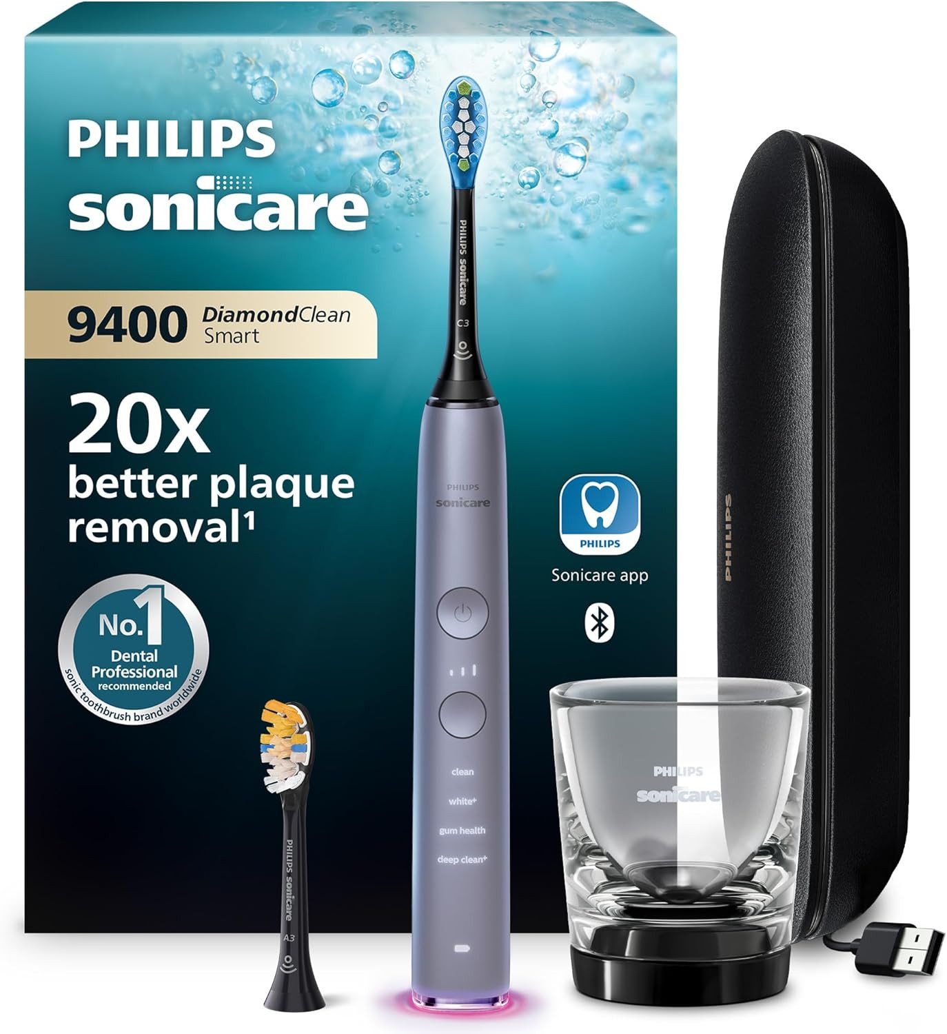 Philips Schallzahnbürste Philips Sonicare DiamondClean Smart 9400 Schallzahnbürste HX9917/90, Aufsteckbürsten: 2 St., elektrische Zahnbürste, Drucksensor, 4 Putzmodi, 3 Intensitätsstufen