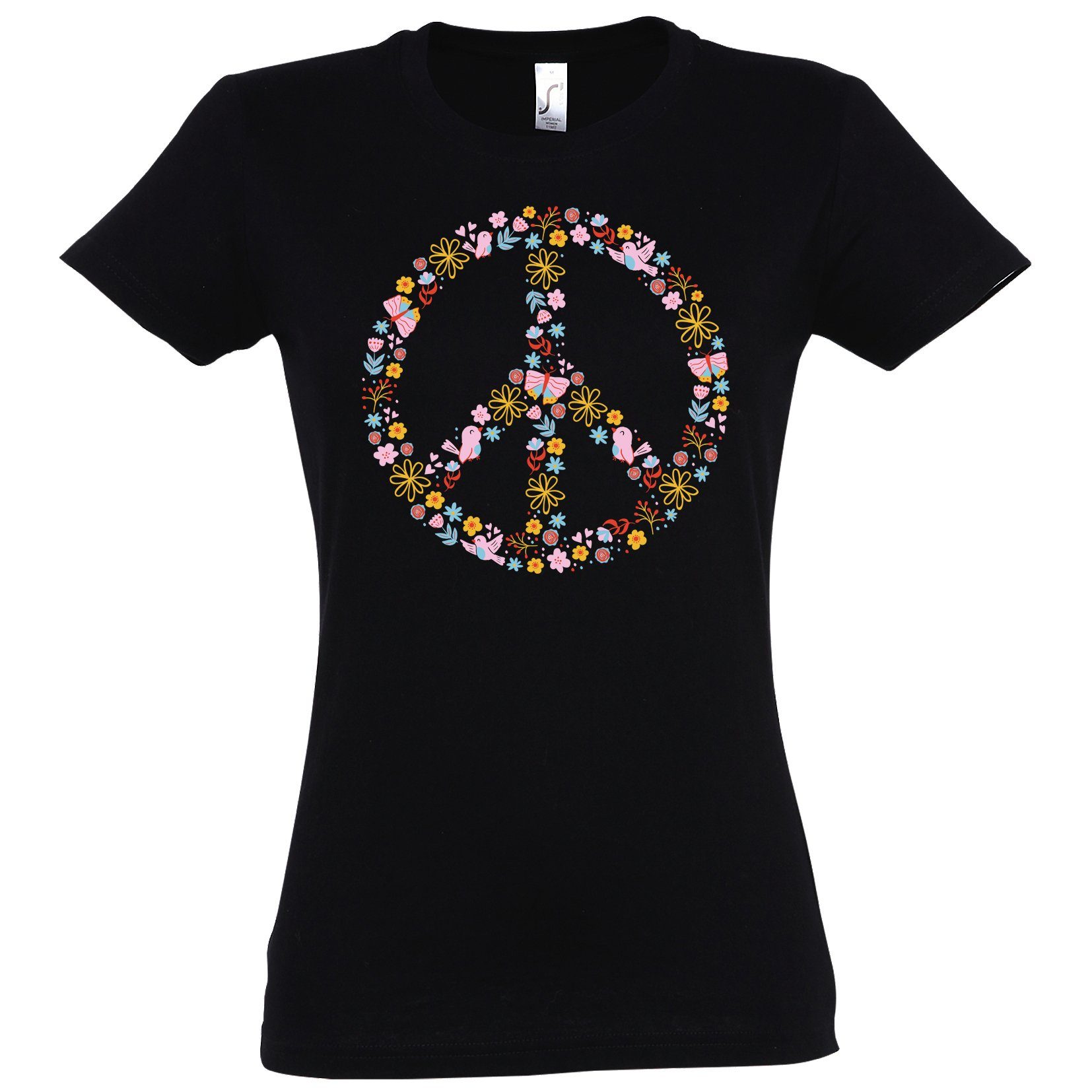 Youth Designz T-Shirt Peace Flowers mit Shirt Look Schwarz Trendigem Retro Damen
