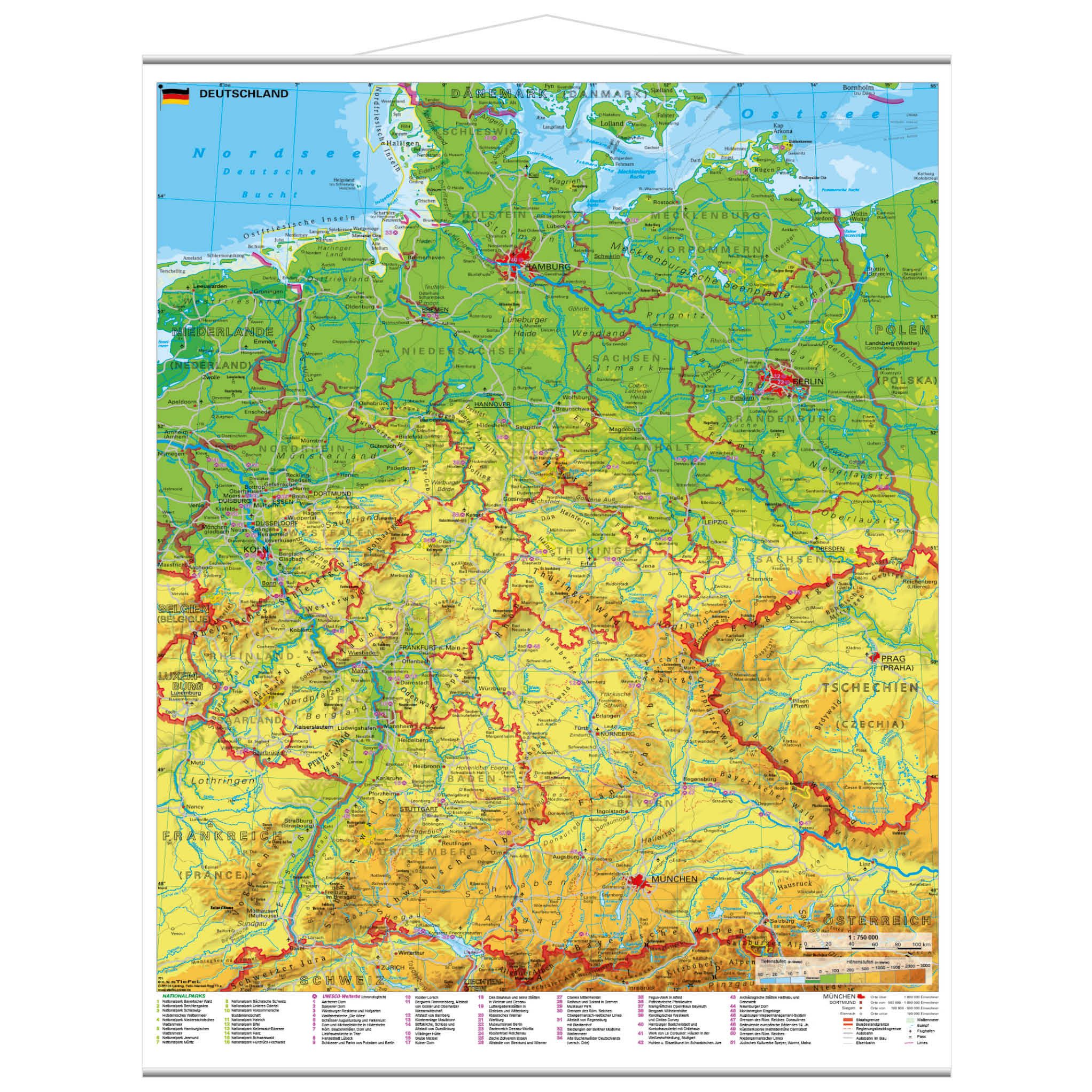 STIEFEL Poster Deutschland physisch UNESCO Welterbe und Nationalparks, 97 x 119 cm
