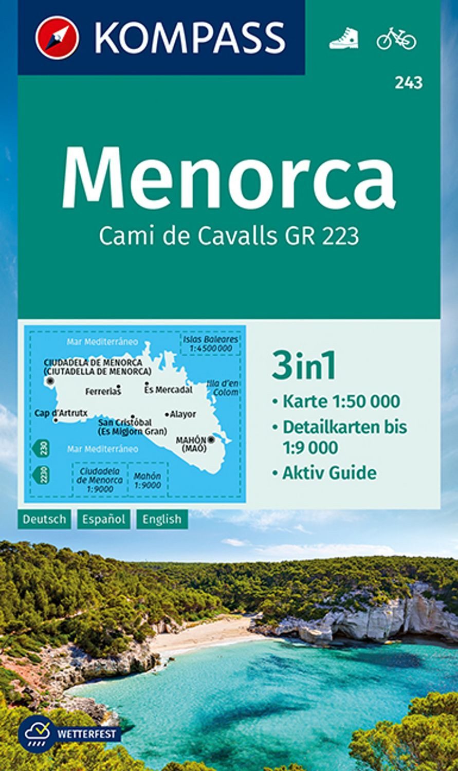 KOMPASS Wanderkarte 243 Menorca 1:50.000 / diverse, 3in1 Wanderkarte mit Aktiv Guide und Detailkarten bis 1:9000. Fahrradfahren.