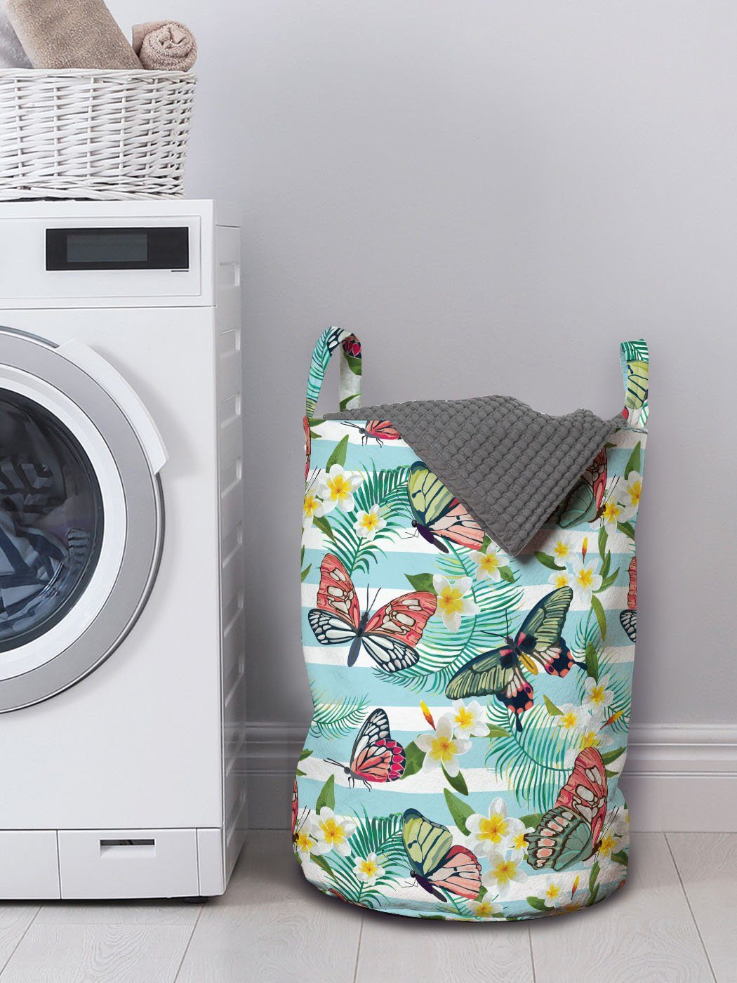 Schmetterling Wäschekorb für Sommer Kordelzugverschluss Botanisch Wäschesäckchen Abakuhaus mit Waschsalons, Exotische Griffen