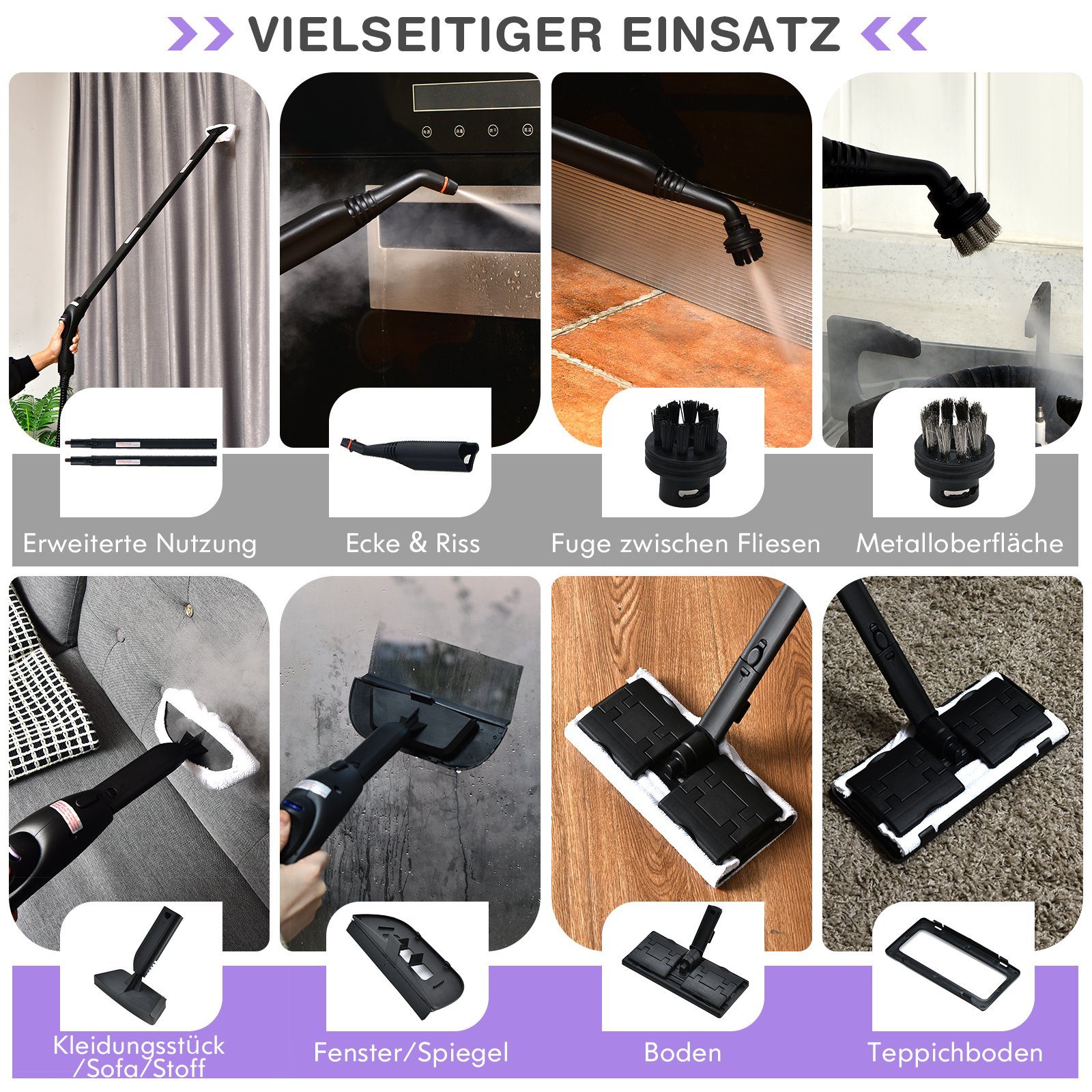 COSTWAY Dampfreiniger, 2000 W, 108℃ Lila 1,5L, bis 19 mit Zubehörteilen