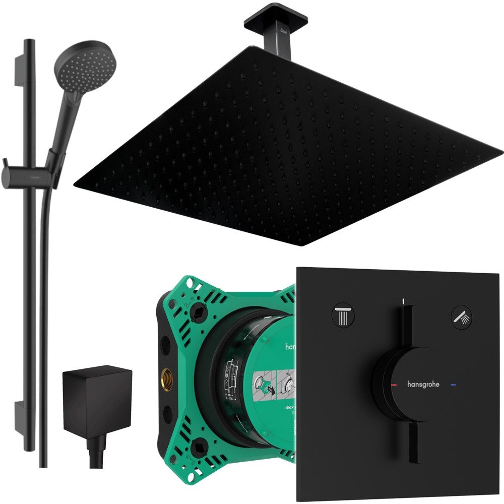 Hansgrohe und Jowi Duscharmatur DuoTurn E Duscharmatur, Duschsystem, Schwarz, Deckenanschluss (Unterputz-Duschsystem) 650mm Brausestange, Deckenanschluss