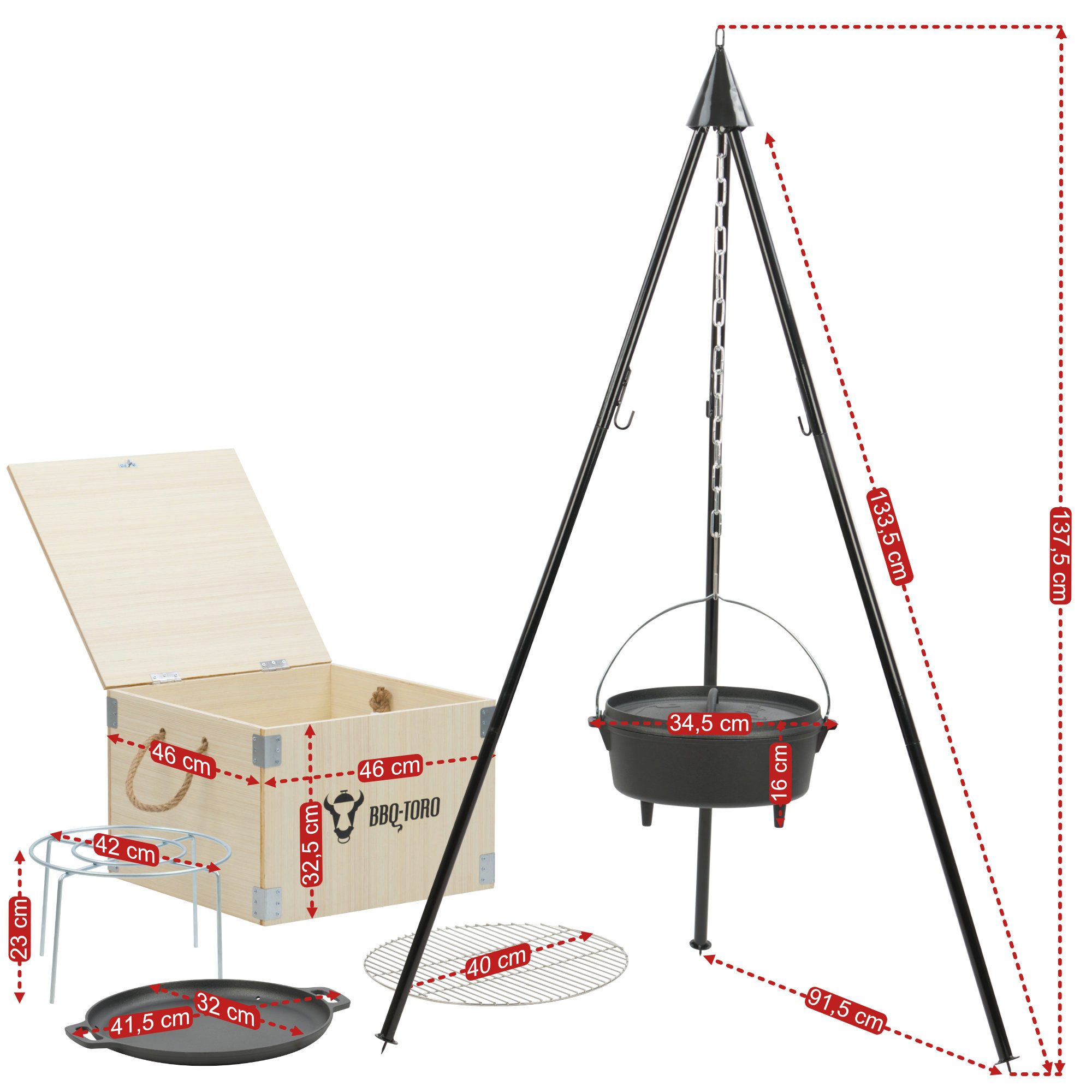 BBQ-Toro Holzkohlegrill Dutch Oven Set 6-teilig mit Holzkiste, mit Topf, Pfanne, Grillrost, Set 6-teilig