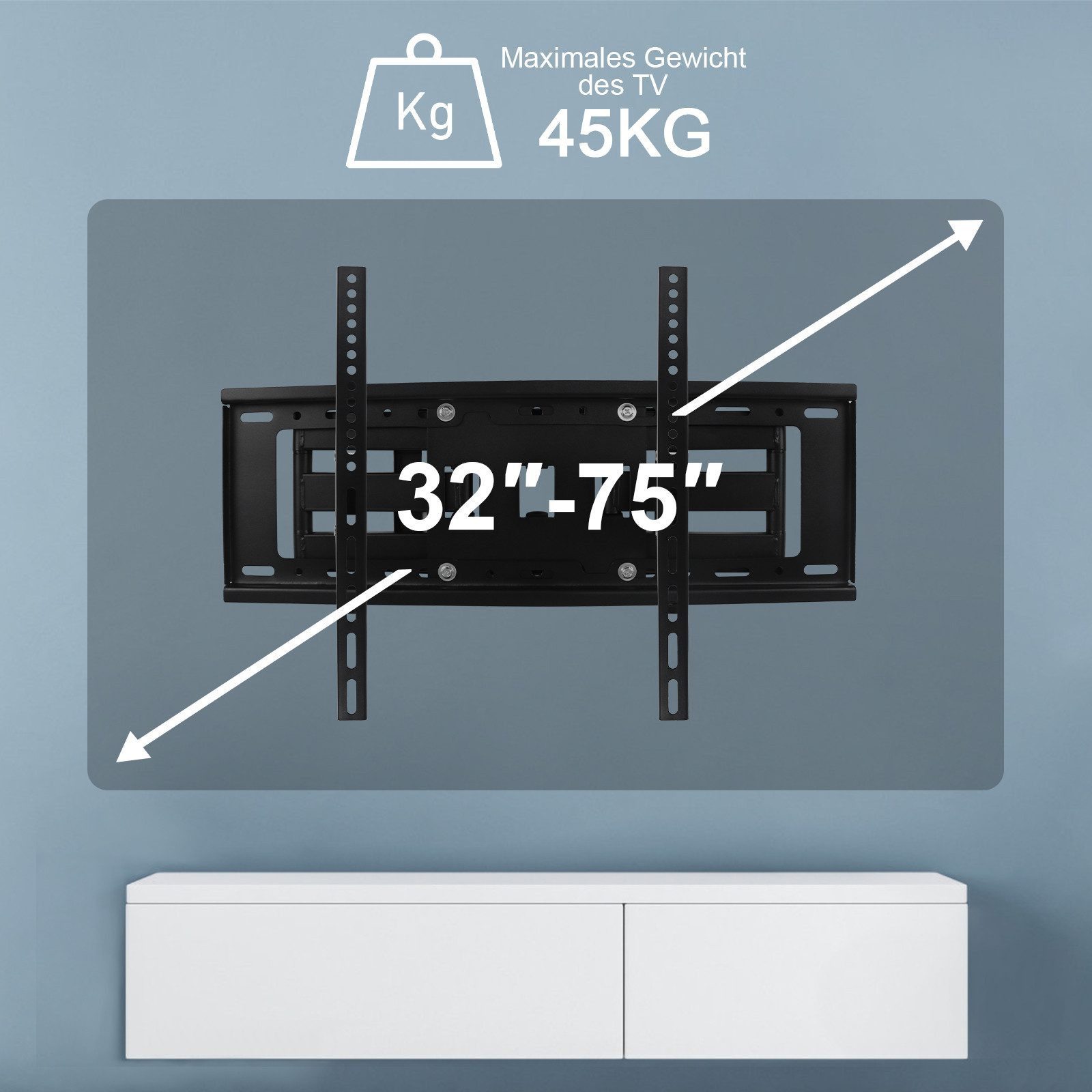SunJas TV-Wandhalterung ZJ-502 für 32"-75" Fernseher&Monitor,43",50",55",65", (bis 75 Zoll, VESA bis zu 400*600 mm, ±15° Neigung, 120° Schwenk, bis zu 45kg TV-Halterung Schwenkbare Neigbare Flach&Curved Wandhalter)