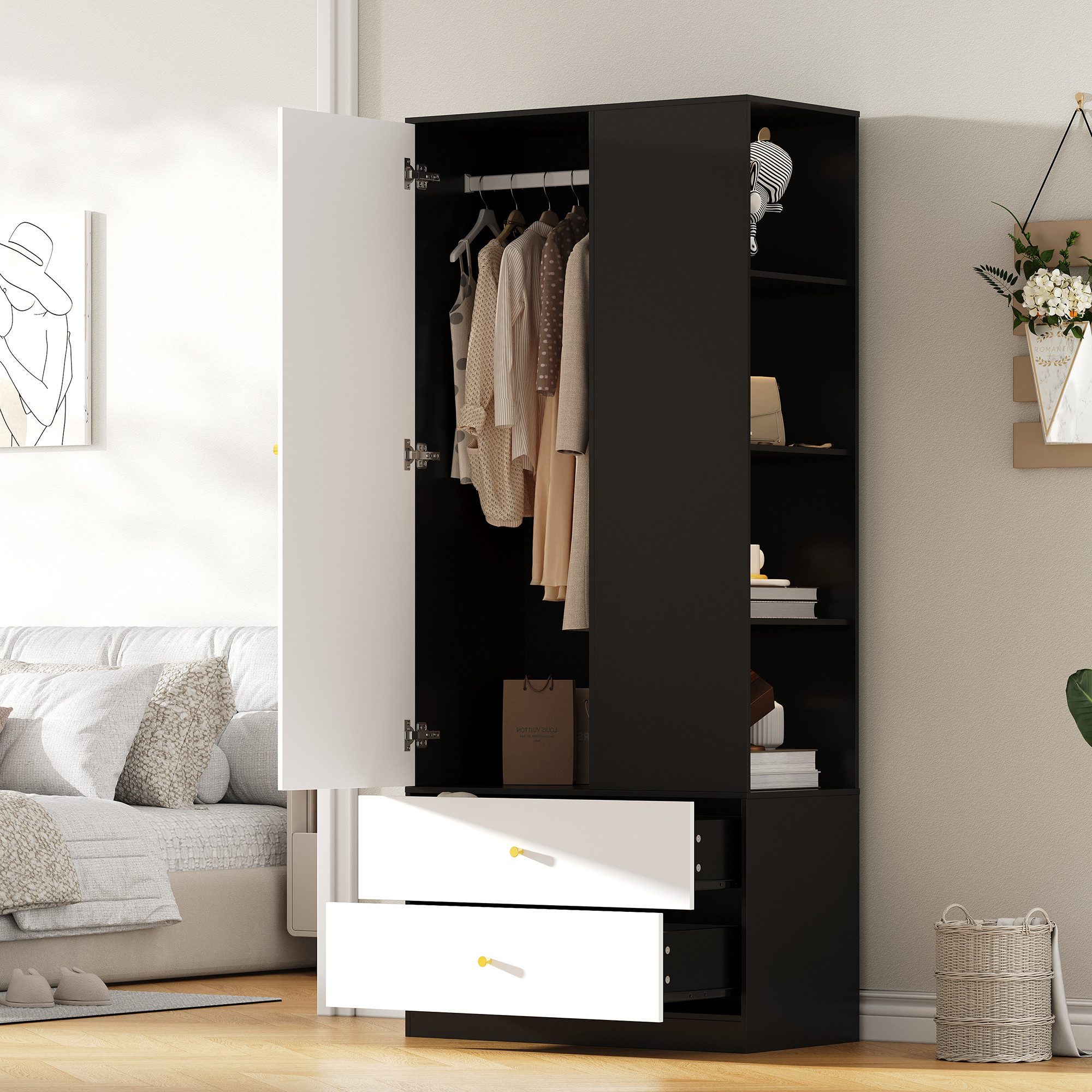 i@home Garderobe Kleiderschrank, mit Spiegel und 1 Tür, 2 Schubladen und 4 Einlegeböden, 80*40*180 cm