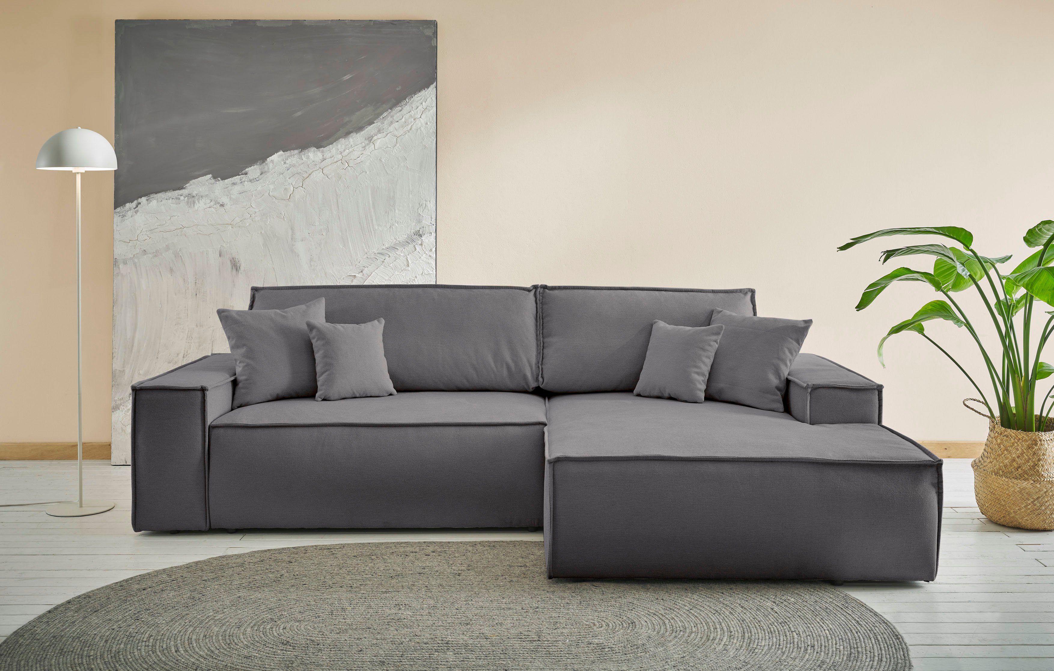 OTTO home Ecksofa FINNLEY Struktur fein, L-Form 257 cm, Schlafsofa, mit Bettkasten, in Bouclé, Struktur fein und Mega Cord