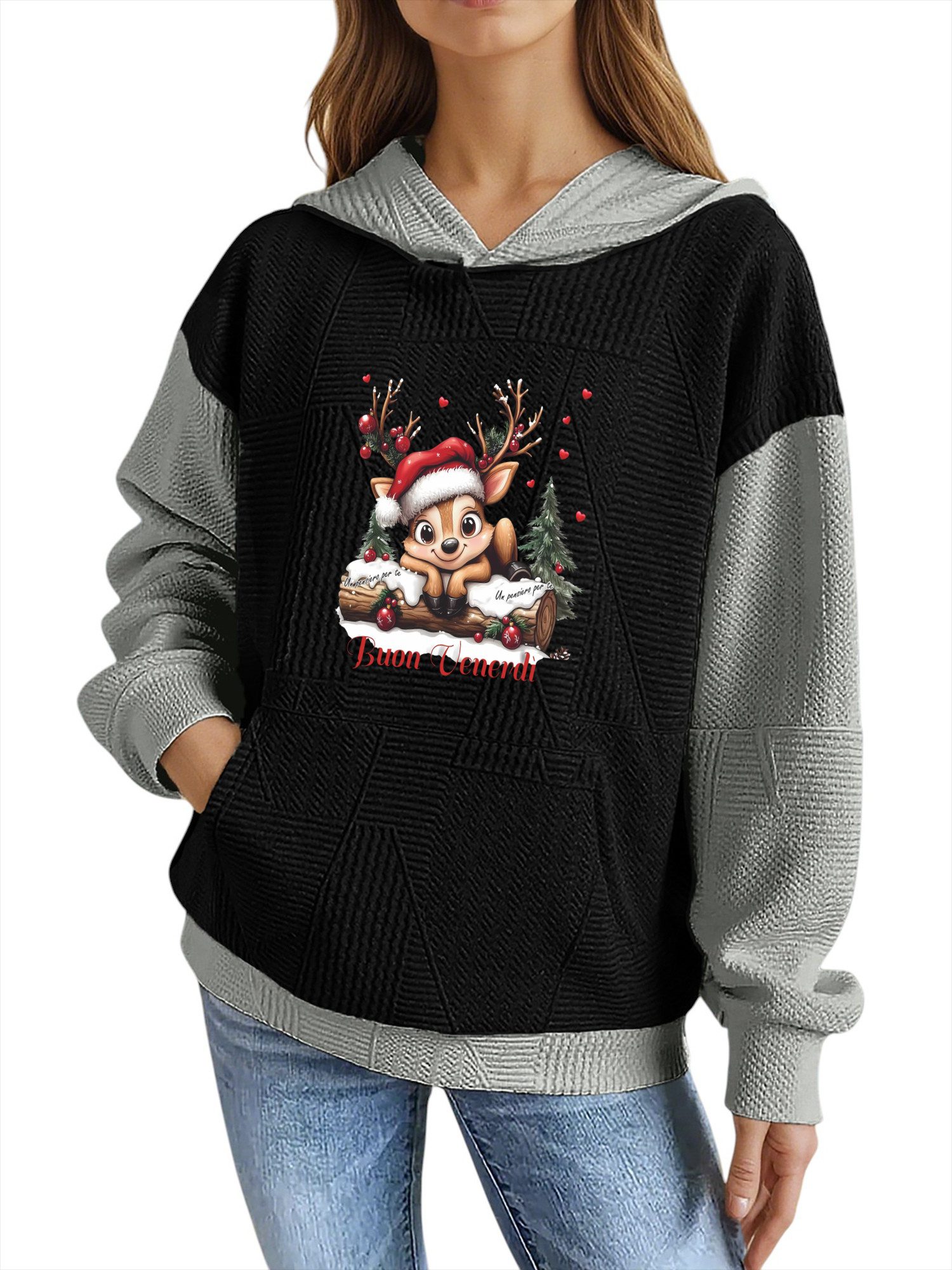 PYLIKE Kapuzenpullover Hoodie für Damen mit Farbblock-Weihnachtsrentier Dru günstig online kaufen