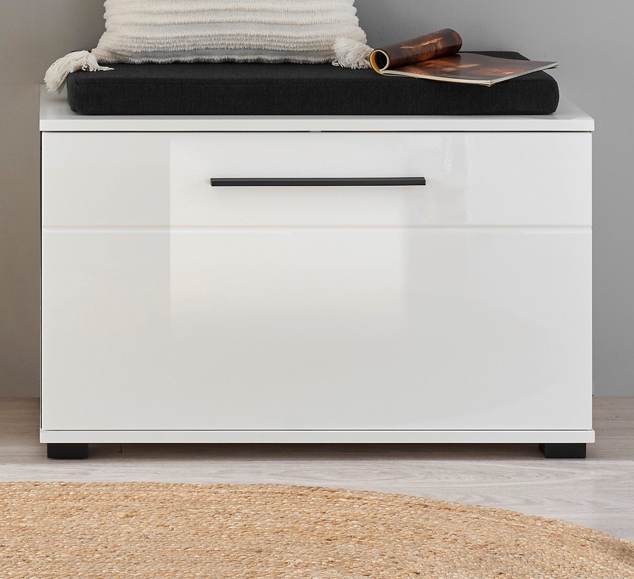 Furn.Design Schuhbank Design-D (Garderobenbank in Weiß Hochglanz, 4 Fächer, 80 x 50 cm), mit Soft-Close-Funktion