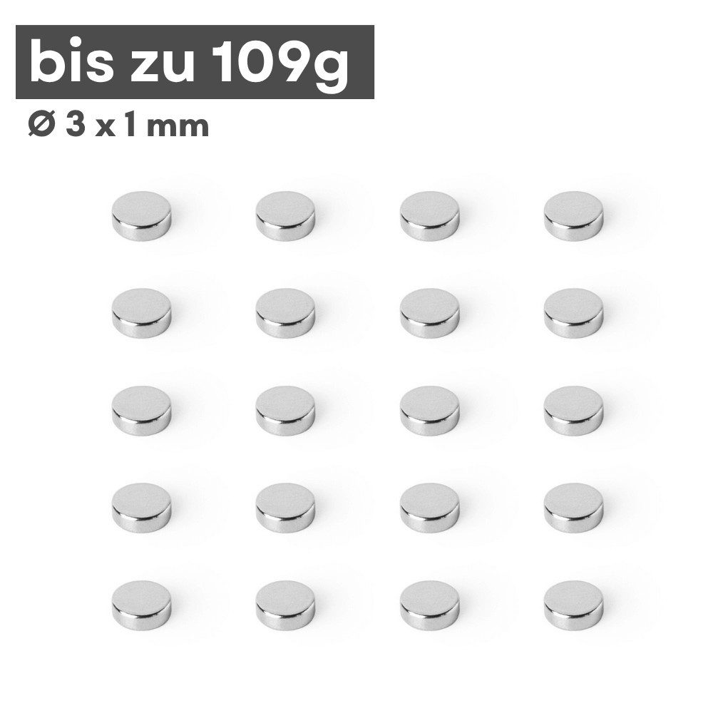 MaajeeKuto Magnet Neodym Magnet Ø3x1 mm N42 – Scheibenmagnet 109 g Haftkraft (10-St)