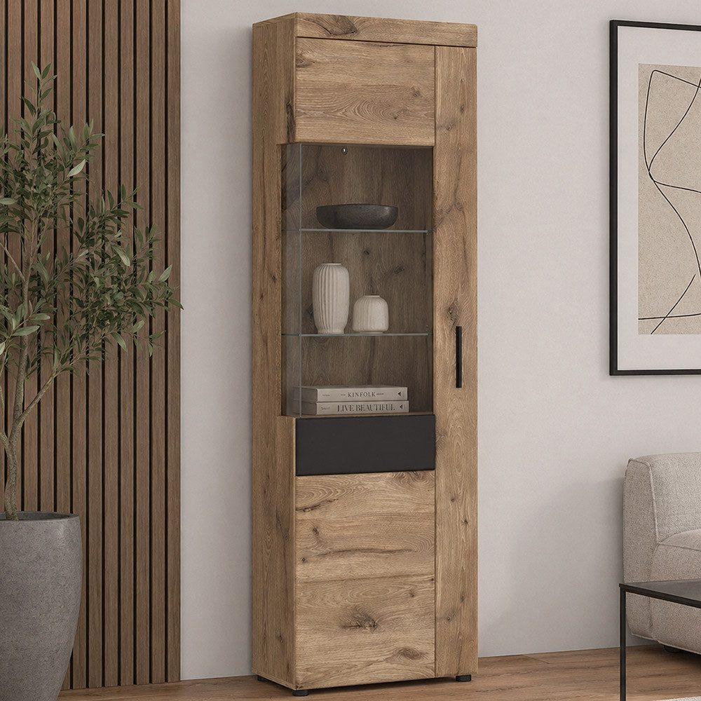 Lomadox Vitrine GRAHAM-129 Eiche Dekor Grau 58 cm Softclose Türanschlag links