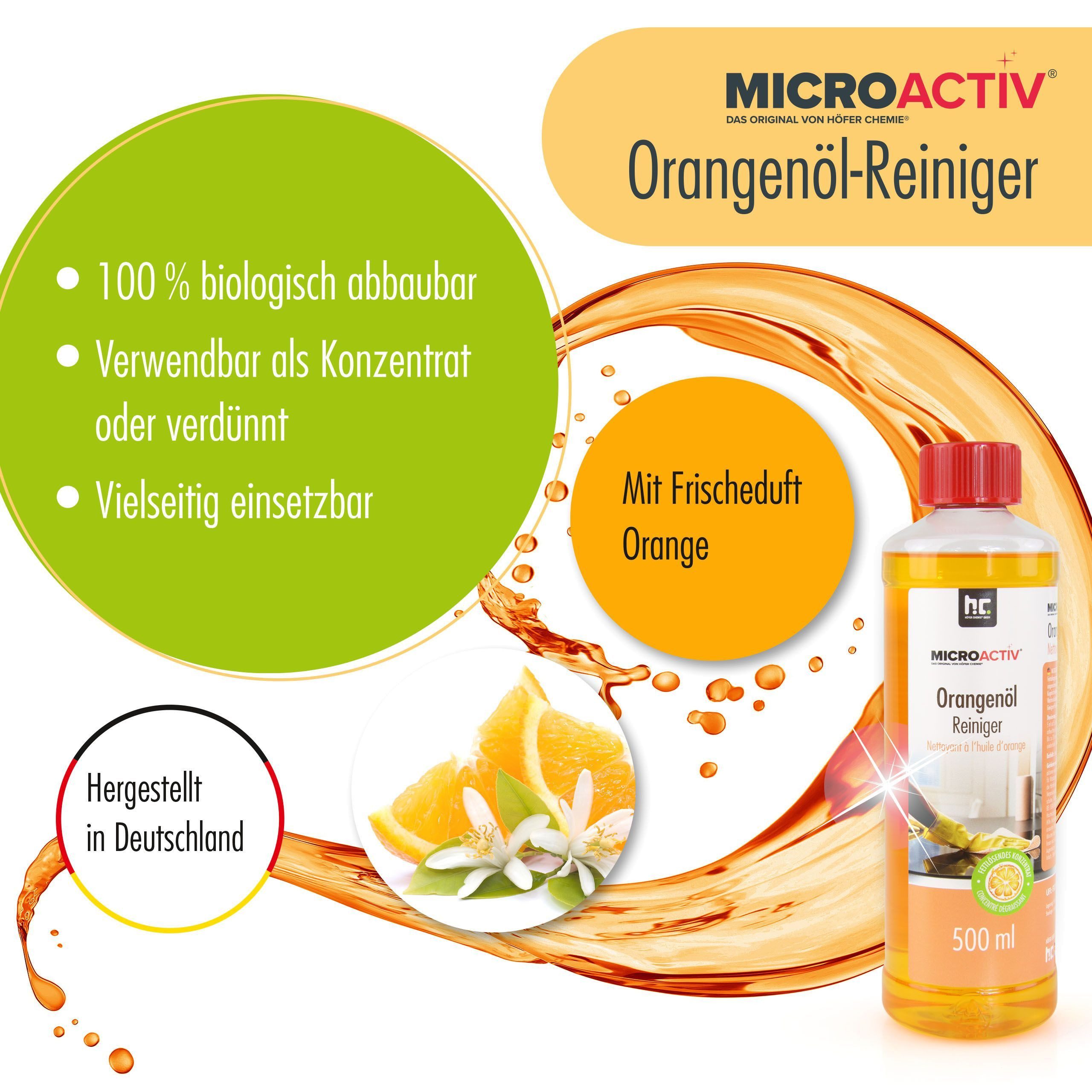Höfer Chemie GmbH 2x 500 ml Microactiv® Orangenöl Reiniger Konzentrat Grundreiniger (Kraftvoller Allzweckreiniger mit frischem Duft)