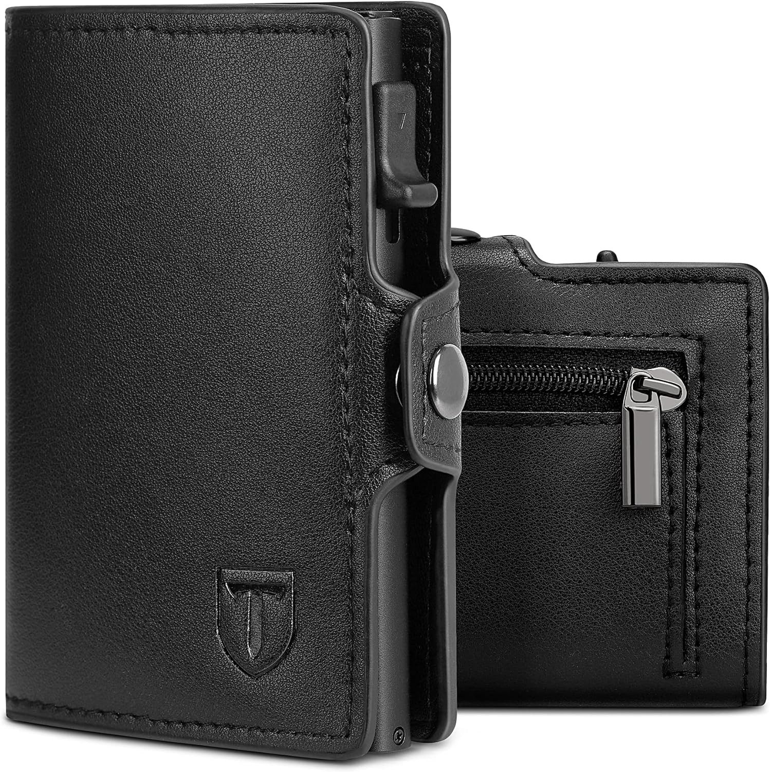POPOLIC Geldbörse Geldbeutel Herren Slim Wallet mit RFID-Schutz (Premium Leder Portemonnaie Herren mit Münzfach, Tragbar und Langlebig Brieftasche Herren), Mini Kreditkartenetui Kartenetui Männer (Schwarz)