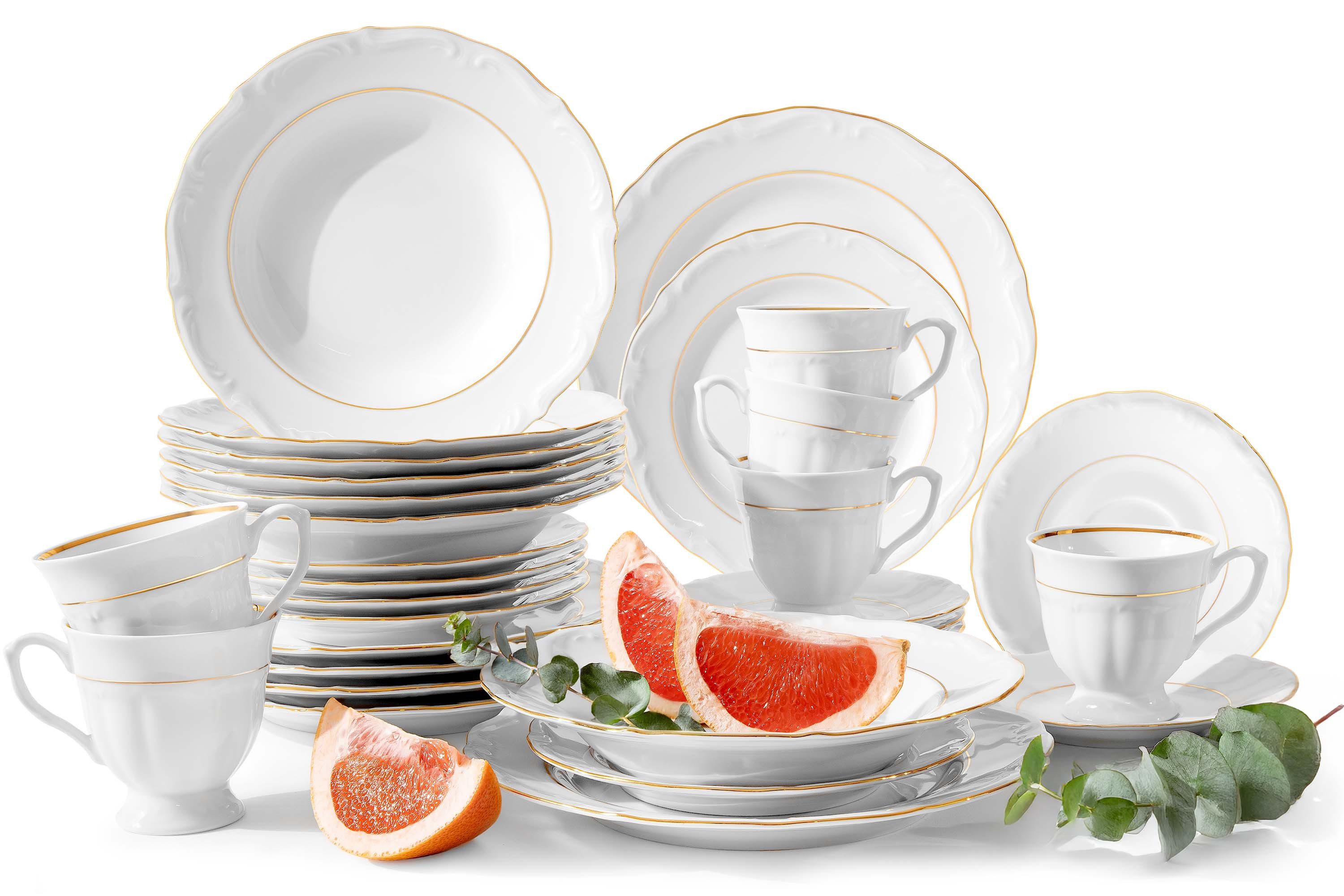 KONSIMO® Kombiservice CHODZIEZ MARIA TERESA Kaffeeservice, Hochwertiges Premium-Porzellan (30-tlg), 6 Personen, Porzellan, mit eleganten Verzierungen, Handdekoration in echtem Gold