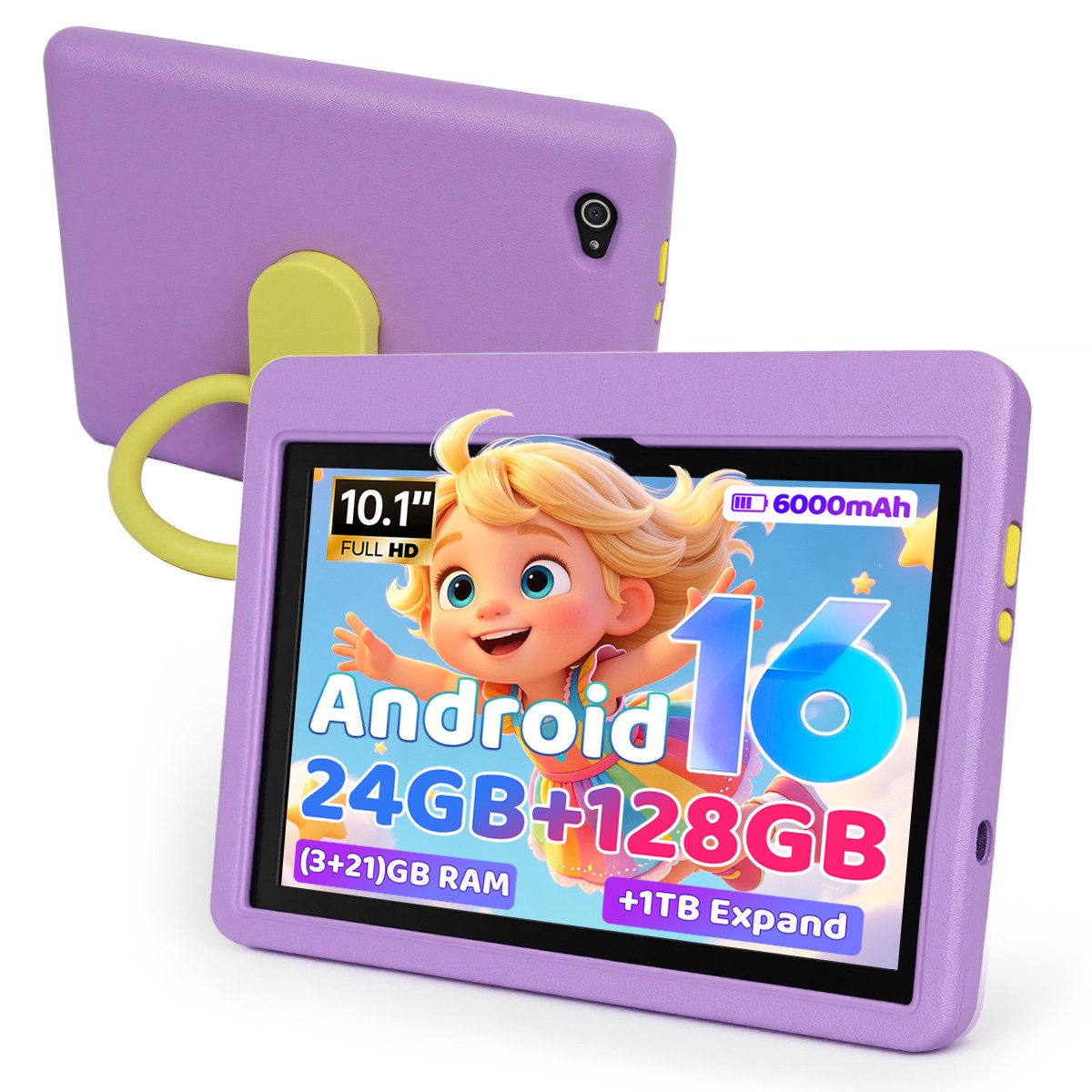 Happybe 10,1 Zoll 24GB(3+21) RAM 128GB HD IPS 6000 mAh Android 16 Kinder Tablet (10.1", 128 GB, Android)