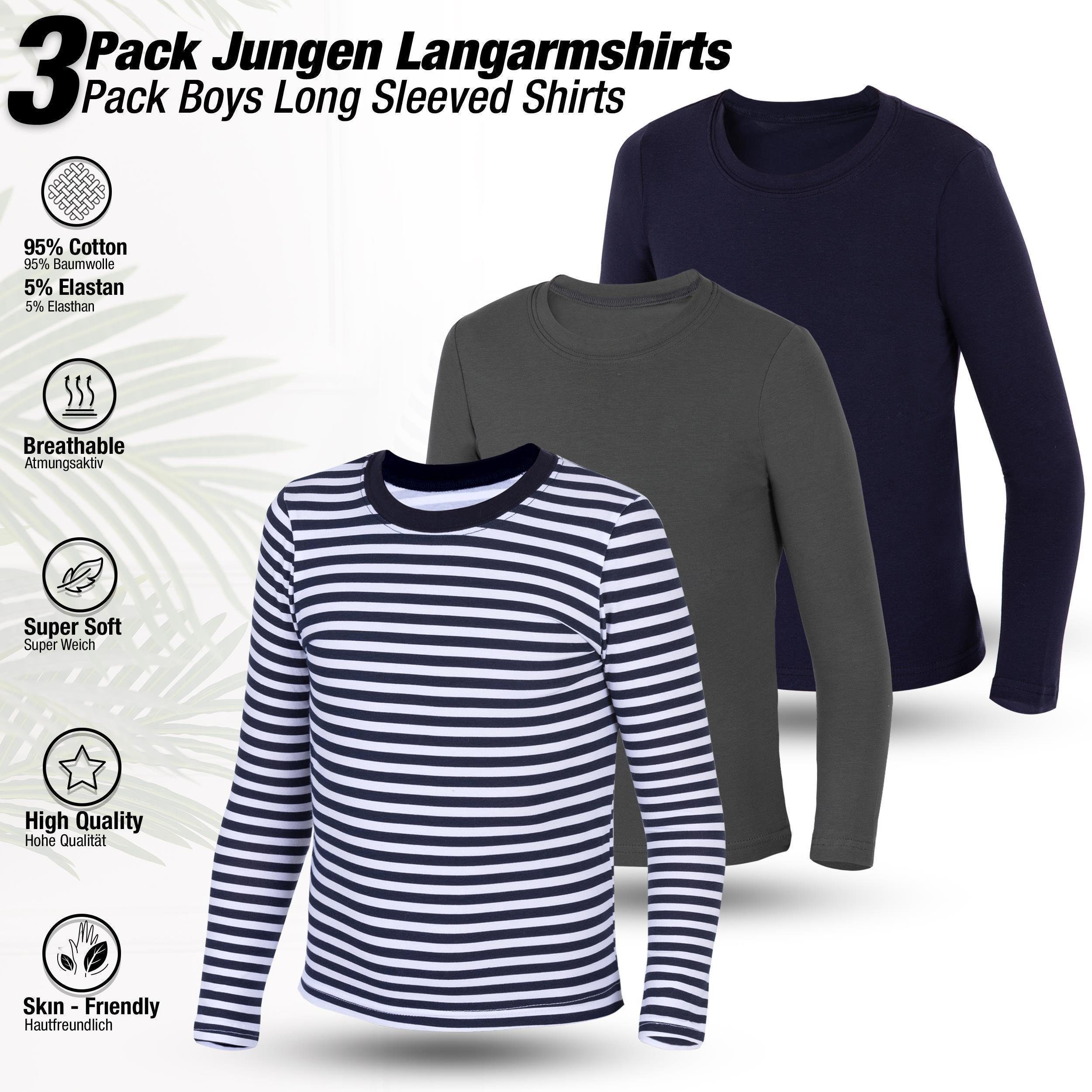 LOREZA Langarmshirt 3er Set Jungen Langarmshirts - Basics - Mehrfarbig (Set, 3-tlg., 3er-Pack)