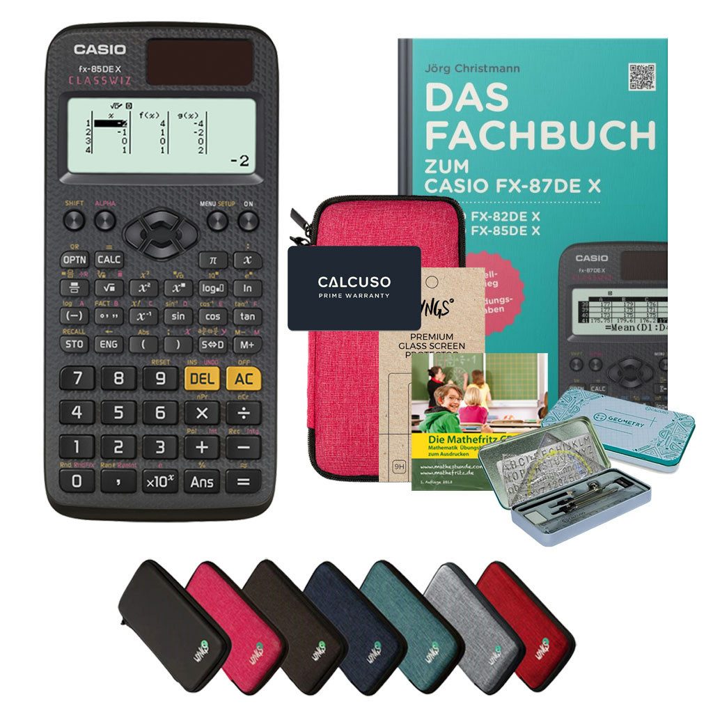 CASIO Taschenrechner fx-85DE X - Premium Set inkl. Schutztasche Pink & Fachbuch uvm.