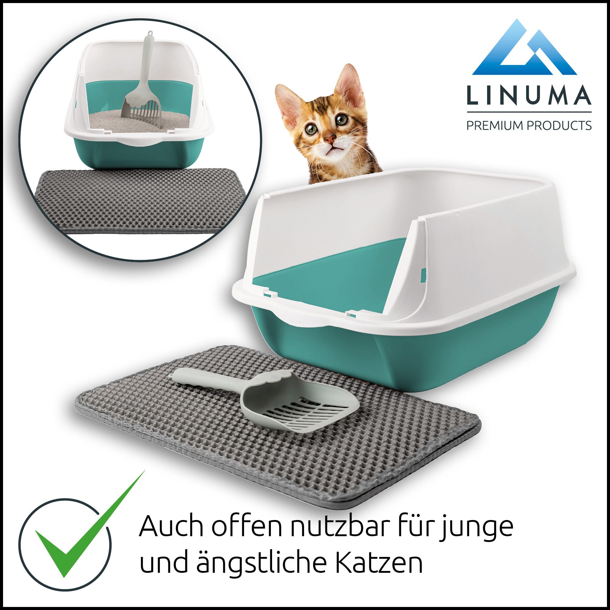 LINUMA Katzentoilette Katzenklo mit Deckel, Streumatte und Schaufel abnehmbar auch offen, Katzenklo auch offen nutzbar inkl. Katzenstreumatte und Schaufel