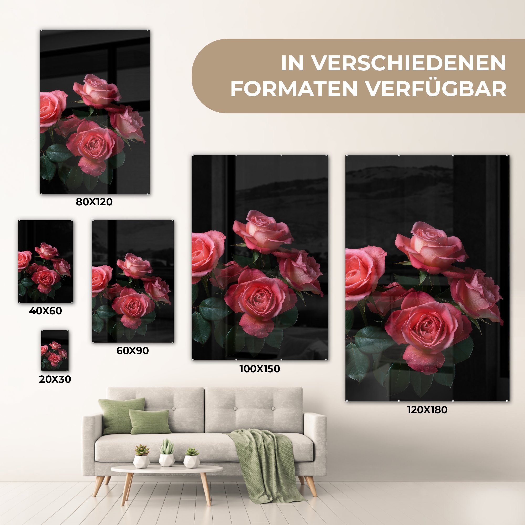 Rosen Natur - St), Blumen Foto - Schwarz, - Glas auf - Glasbilder - Wandbild MuchoWow Glas - Bilder (1 auf - Acrylglasbild Wanddekoration Rosa