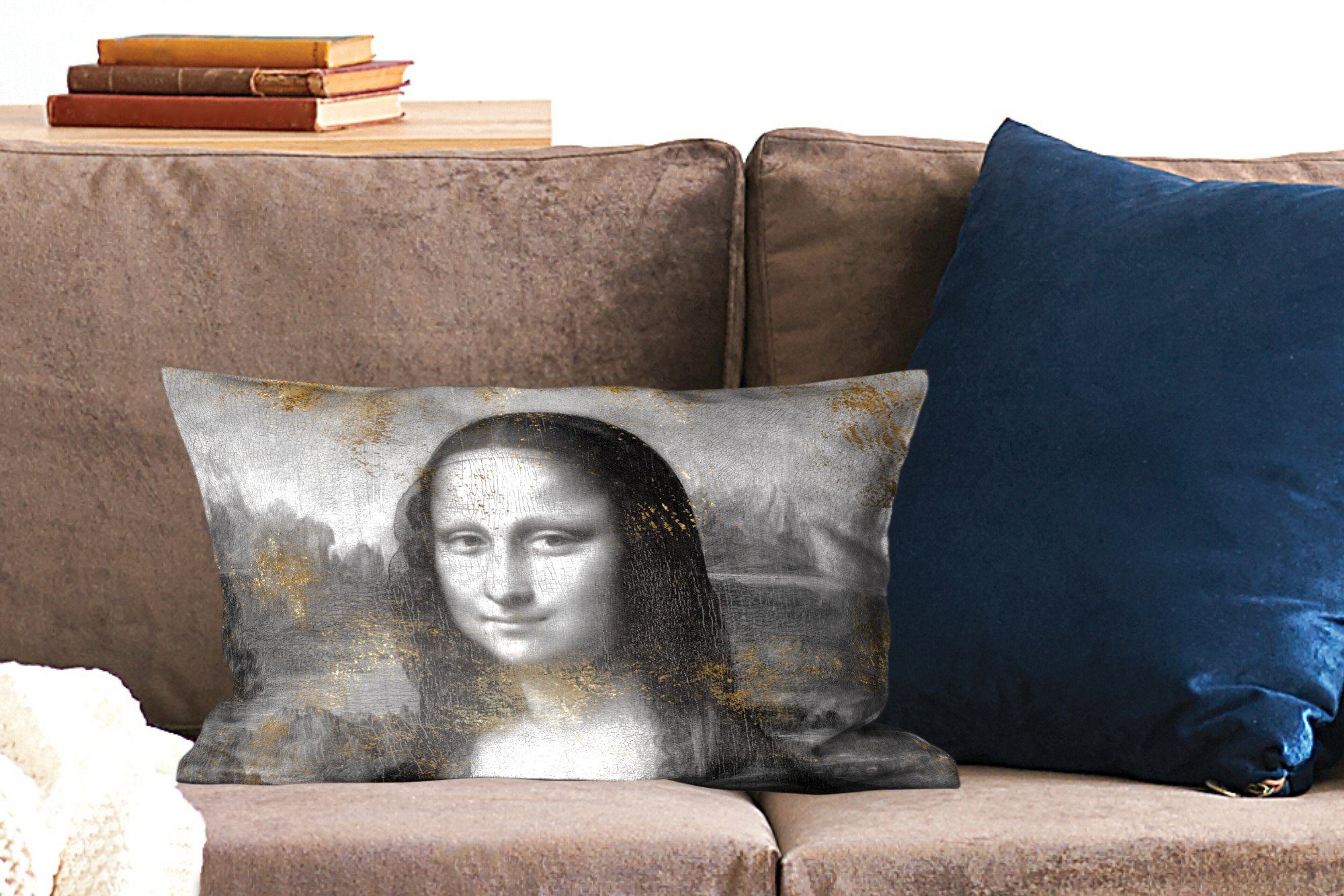 Mona mit Schlafzimmer Dekokissen da Dekoration, Gold, Leonardo Vinci Zierkissen, Dekokissen - Wohzimmer MuchoWow Lisa - Füllung,