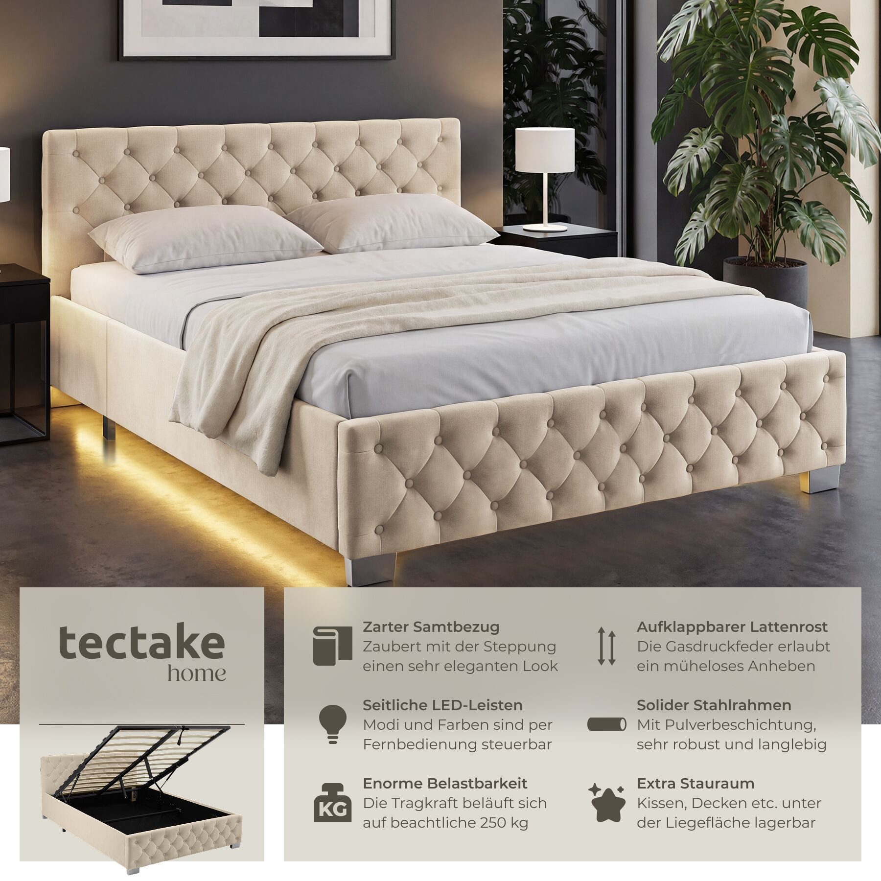 tectake Polsterbett Komfortbett mit LED-Leisten & Stauraum - Samtoptik mit Steppmuster (Bettset, in Samtoptik Sand), stabiler Stahlrahmen, Belastbarkeit 250 kg