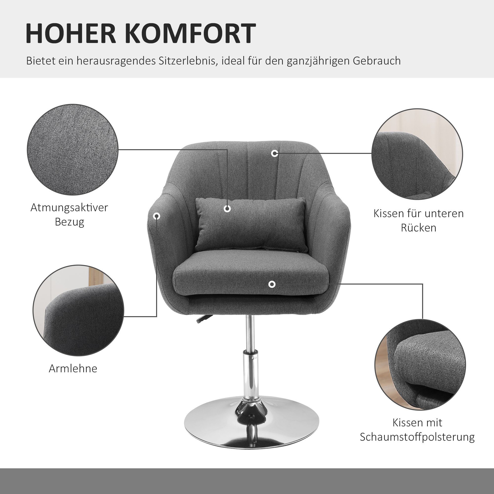 HOMCOM Relaxsessel Drehstuhl Drehstuhl Lendenwirbelstütze), Grau (1-St., Arbeitshocker mit höhenverstellbar Bürostuhl