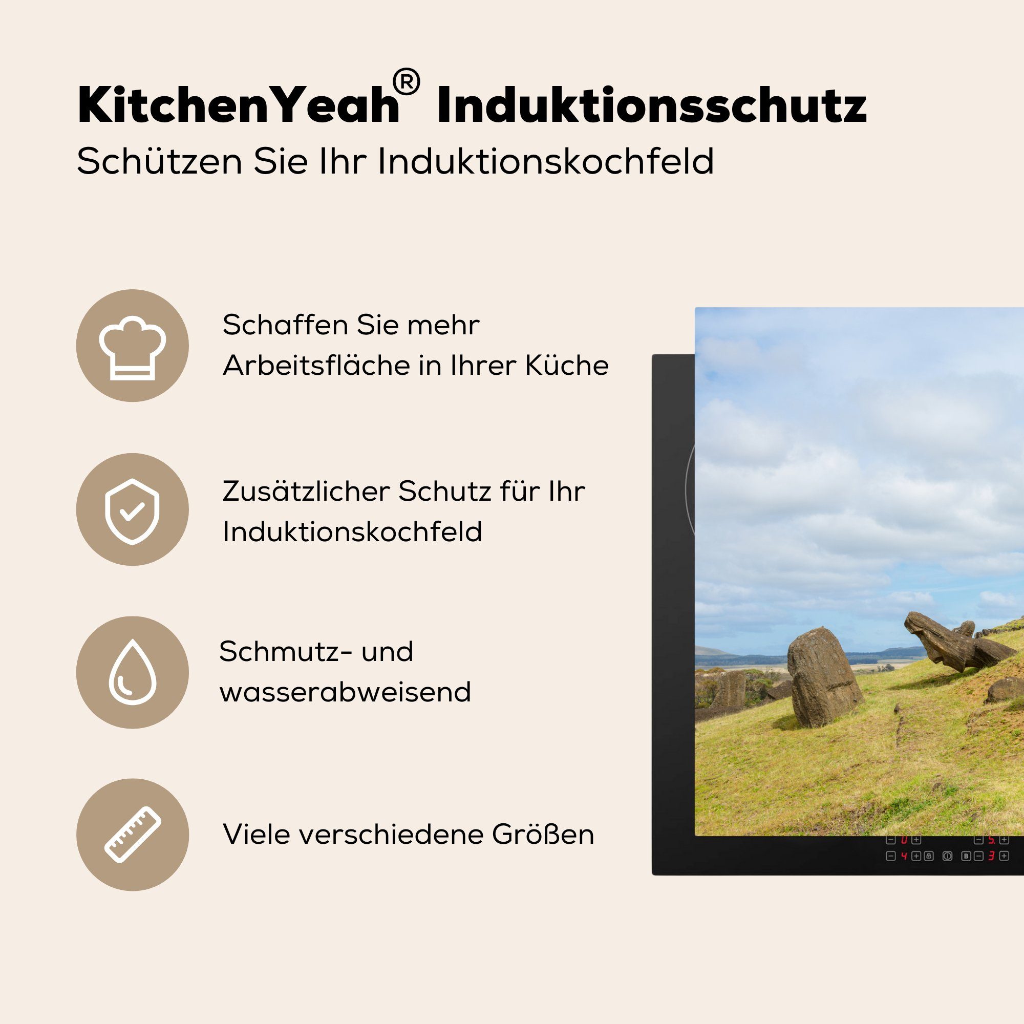 81x52 tlg), Vinyl, Ceranfeldabdeckung für Induktionskochfeld die Nahaufnahme der küche, (1 Schutz Moai-Statue einer MuchoWow Osterinsel, Herdblende-/Abdeckplatte cm, auf